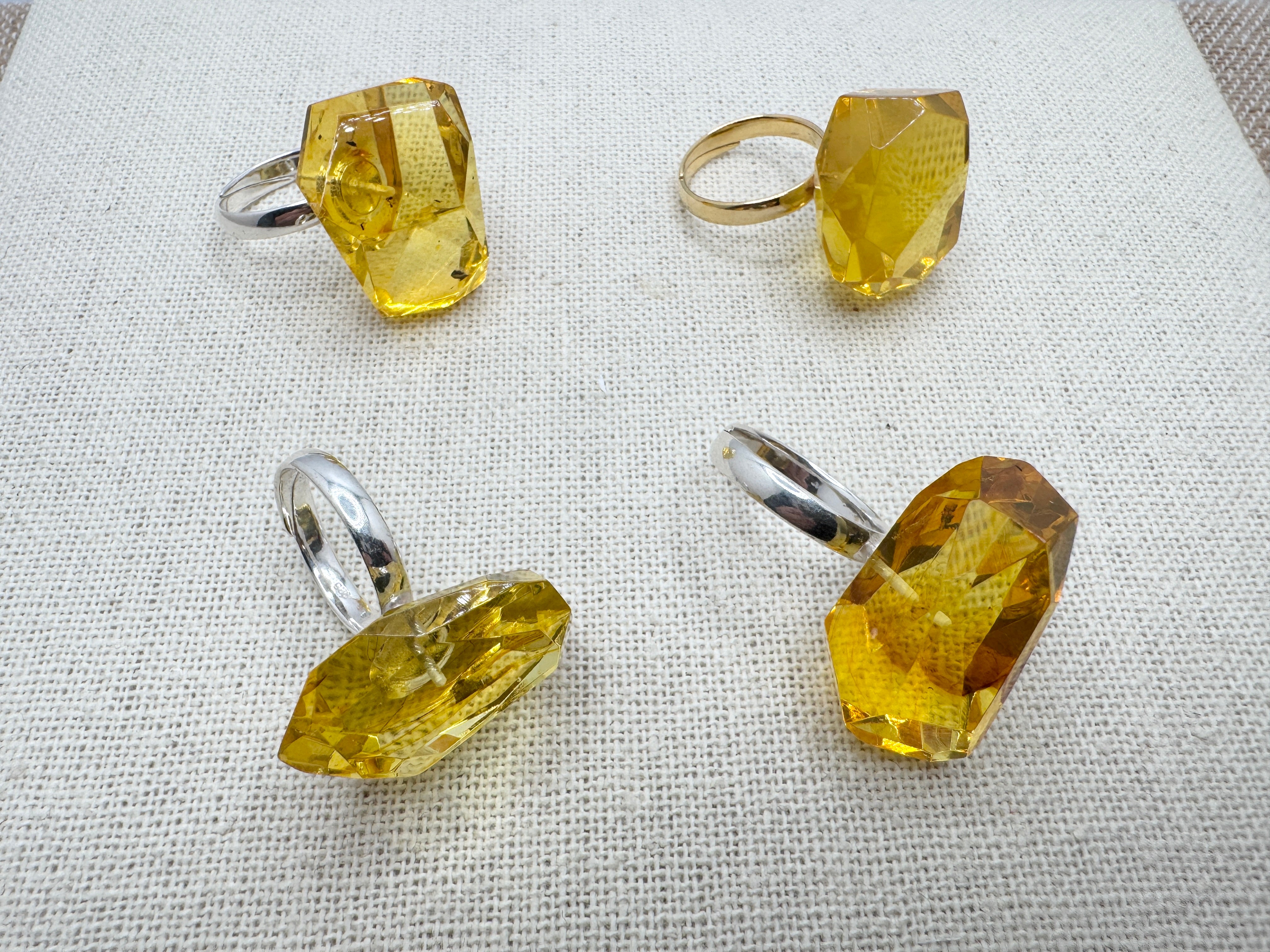Handmade Sterling Silver Golden Lemon Baltic Amber Faceted Solitaire Ring | Adjustable Open Shank Unique Amber Jewelry