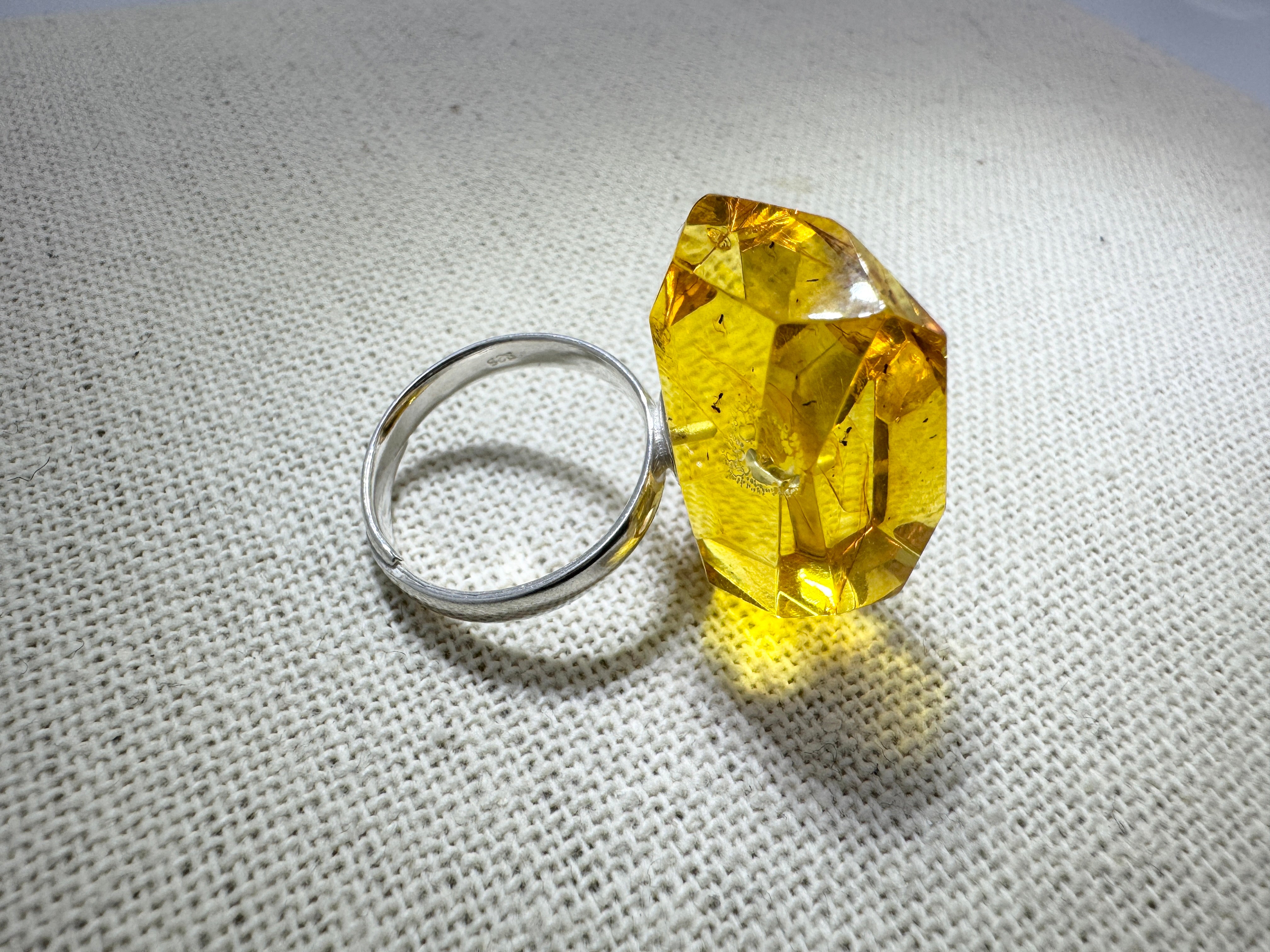 Handmade Sterling Silver Golden Lemon Baltic Amber Faceted Solitaire Ring | Adjustable Open Shank Unique Amber Jewelry