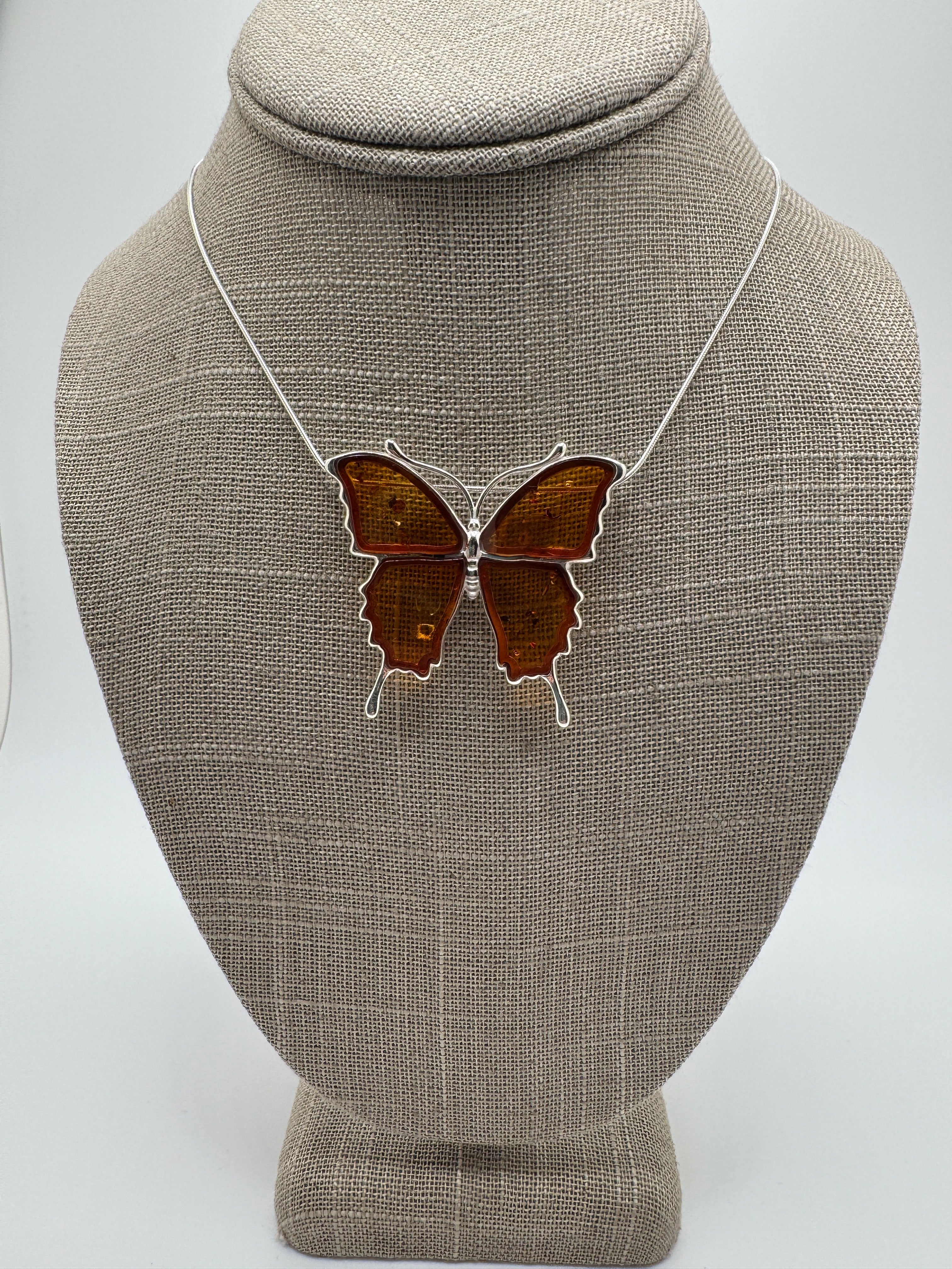 Handmade Sterling Silver Honey Baltic Amber Butterfly Pendant Necklace & Brooch – Artisan Poland Jewelry with Snake Chain