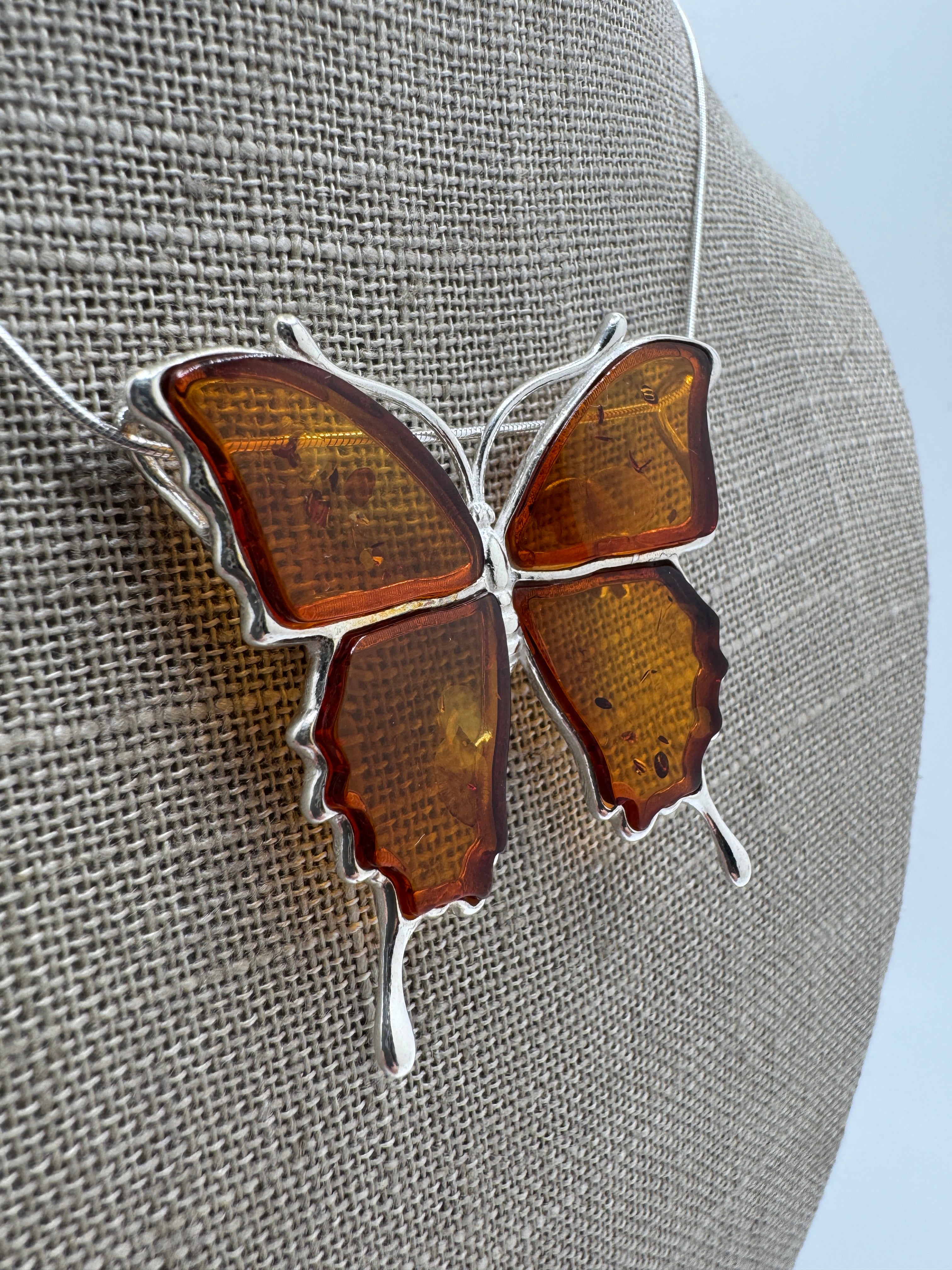 Handmade Sterling Silver Honey Baltic Amber Butterfly Pendant Necklace & Brooch – Artisan Poland Jewelry with Snake Chain