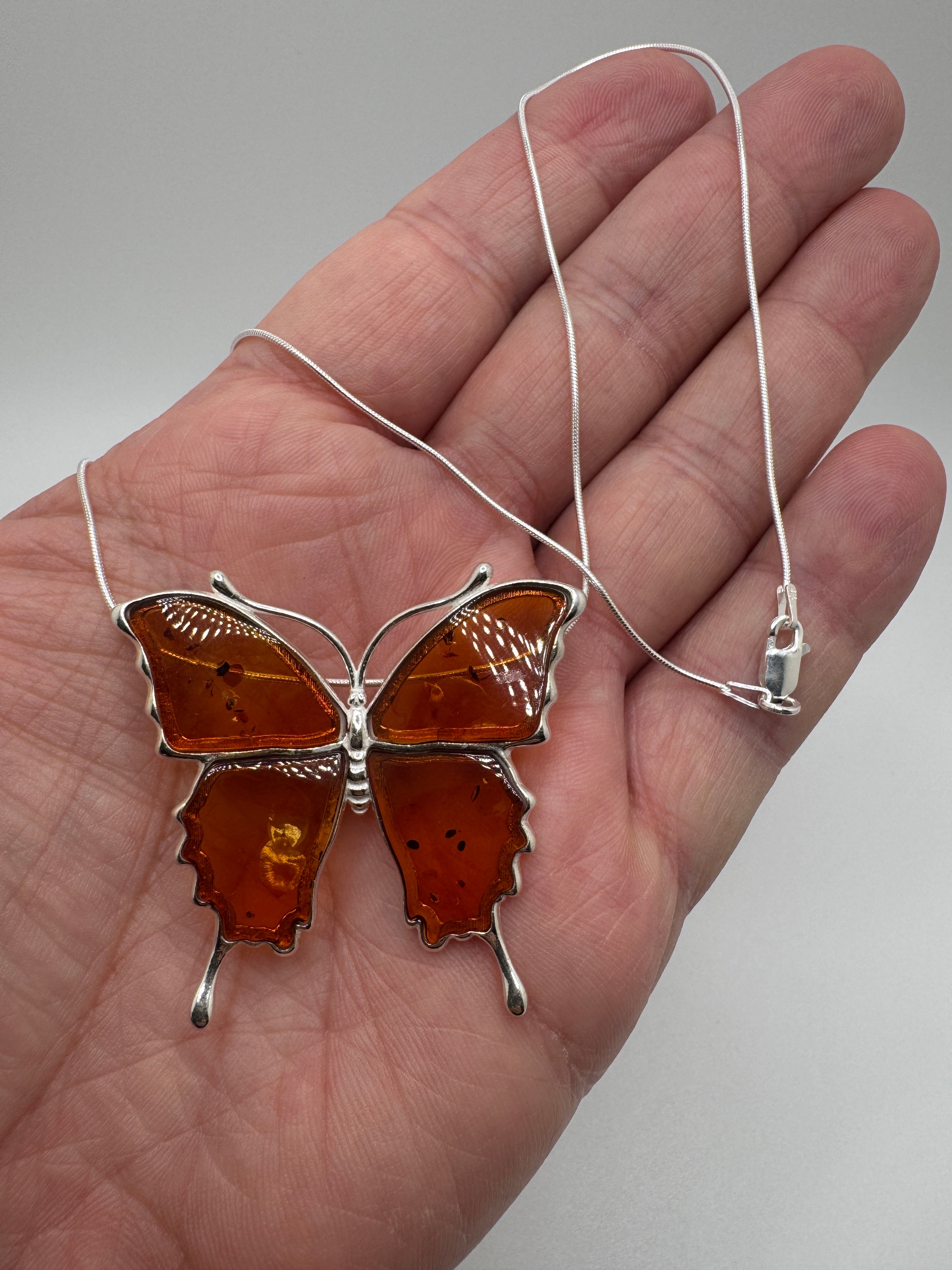 Handmade Sterling Silver Honey Baltic Amber Butterfly Pendant Necklace & Brooch – Artisan Poland Jewelry with Snake Chain
