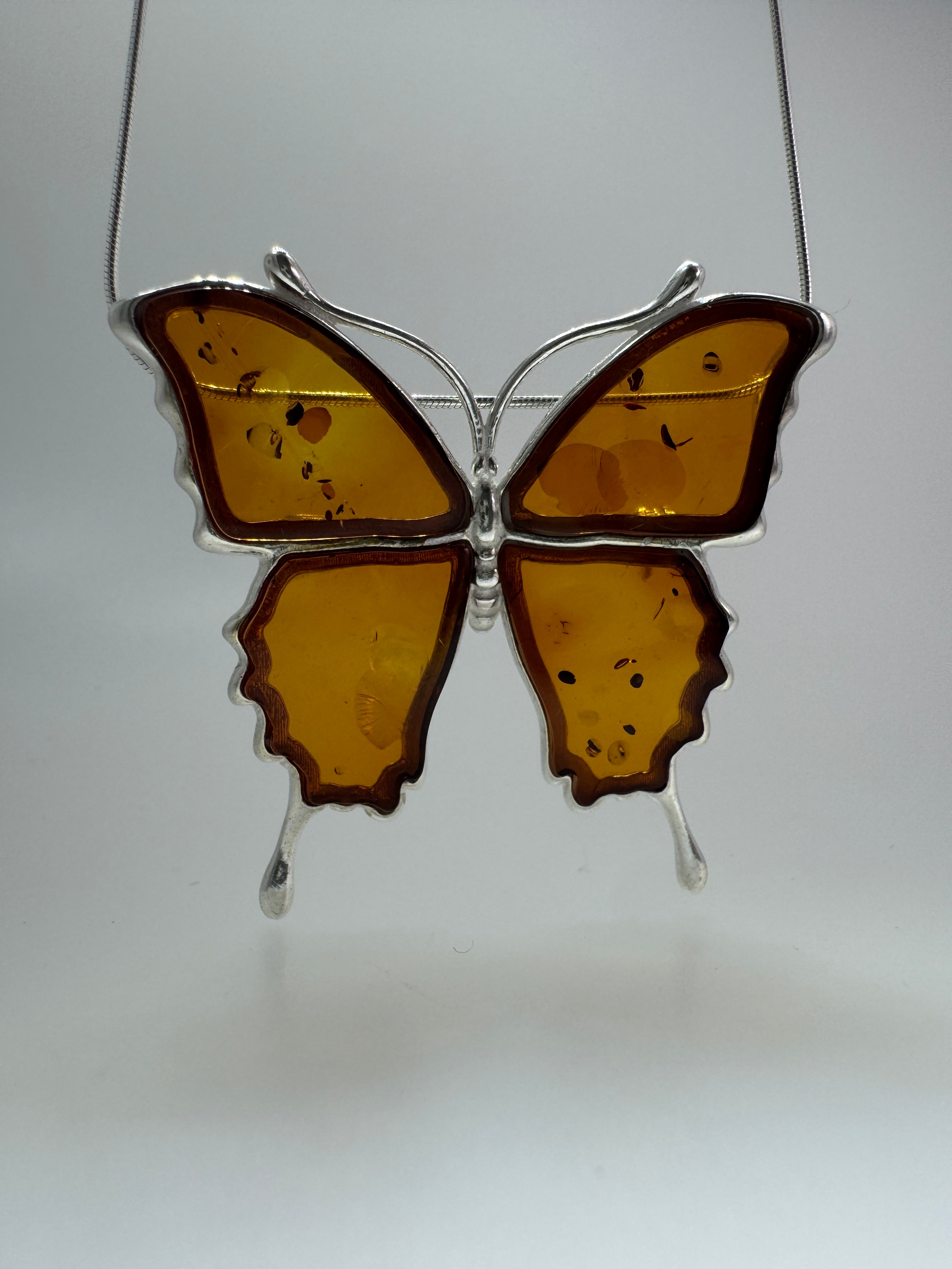 Handmade Sterling Silver Honey Baltic Amber Butterfly Pendant Necklace & Brooch – Artisan Poland Jewelry with Snake Chain