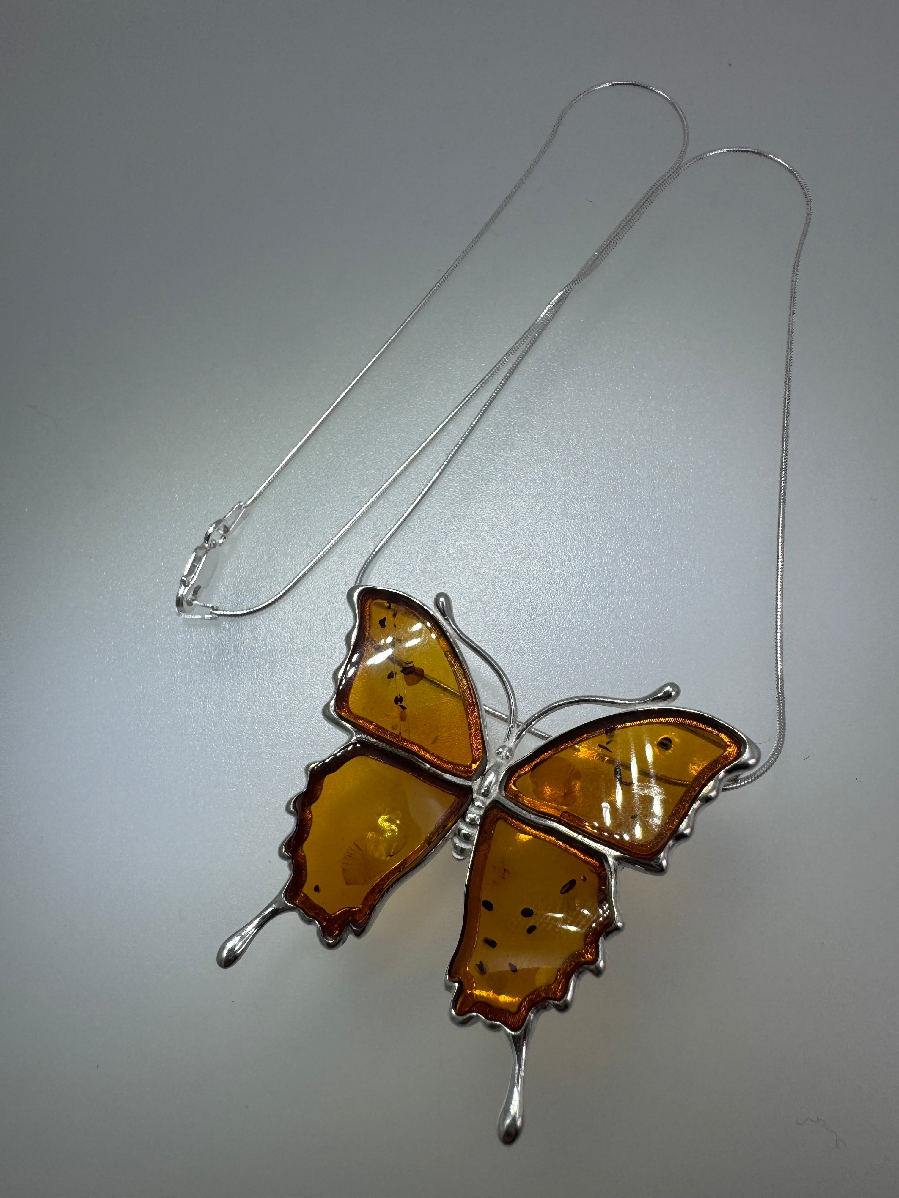 Handmade Sterling Silver Honey Baltic Amber Butterfly Pendant Necklace & Brooch – Artisan Poland Jewelry with Snake Chain