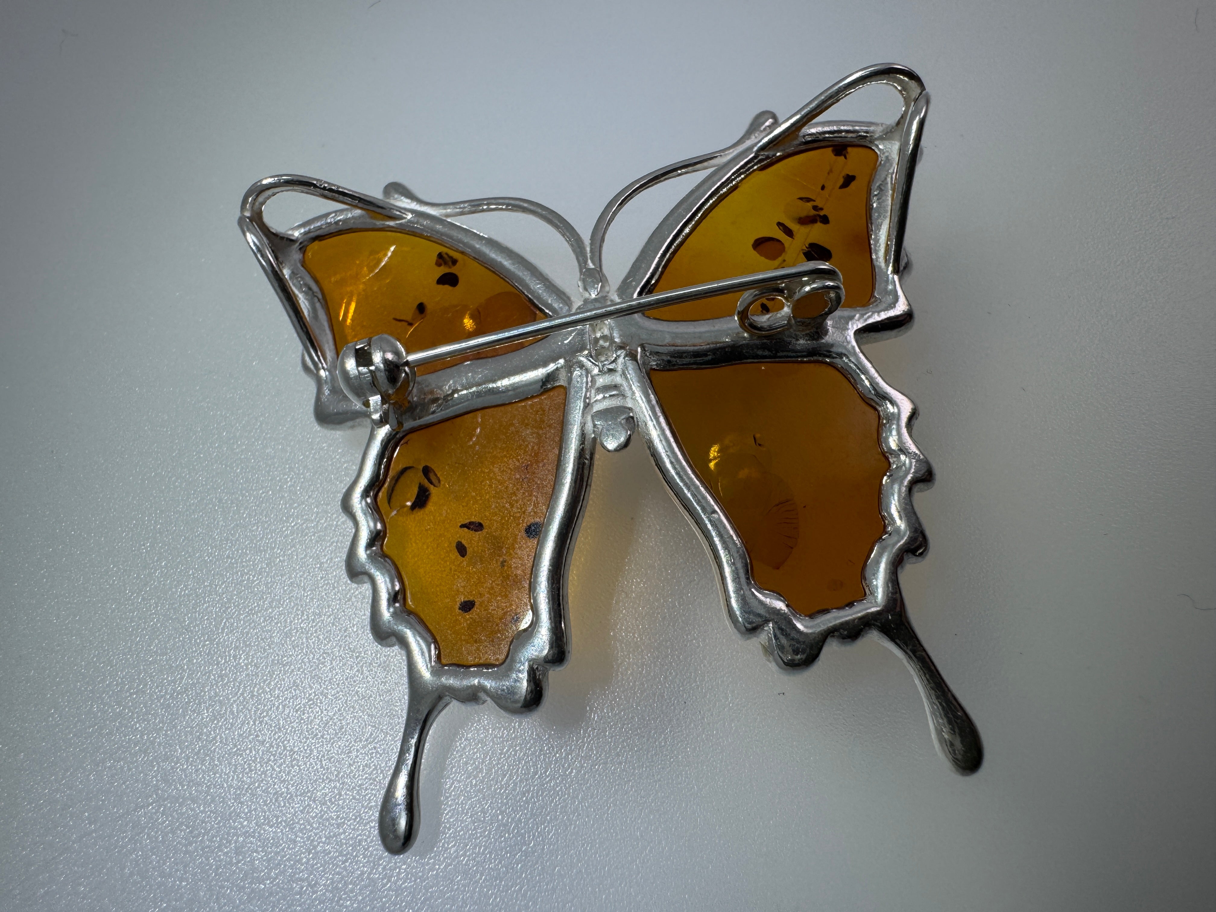 Handmade Sterling Silver Honey Baltic Amber Butterfly Pendant Necklace & Brooch – Artisan Poland Jewelry with Snake Chain