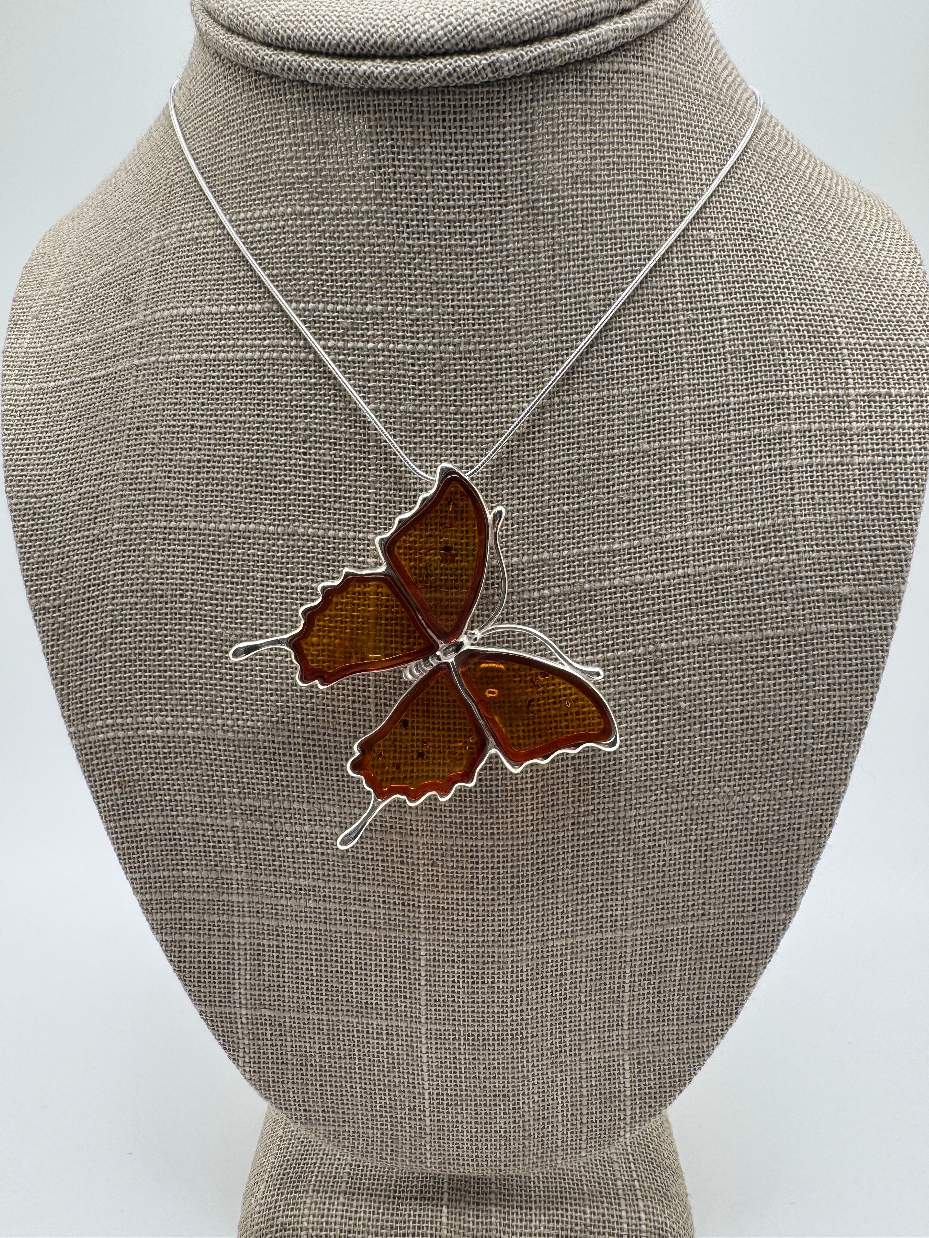 Handmade Sterling Silver Honey Baltic Amber Butterfly Pendant Necklace & Brooch – Artisan Poland Jewelry with Snake Chain