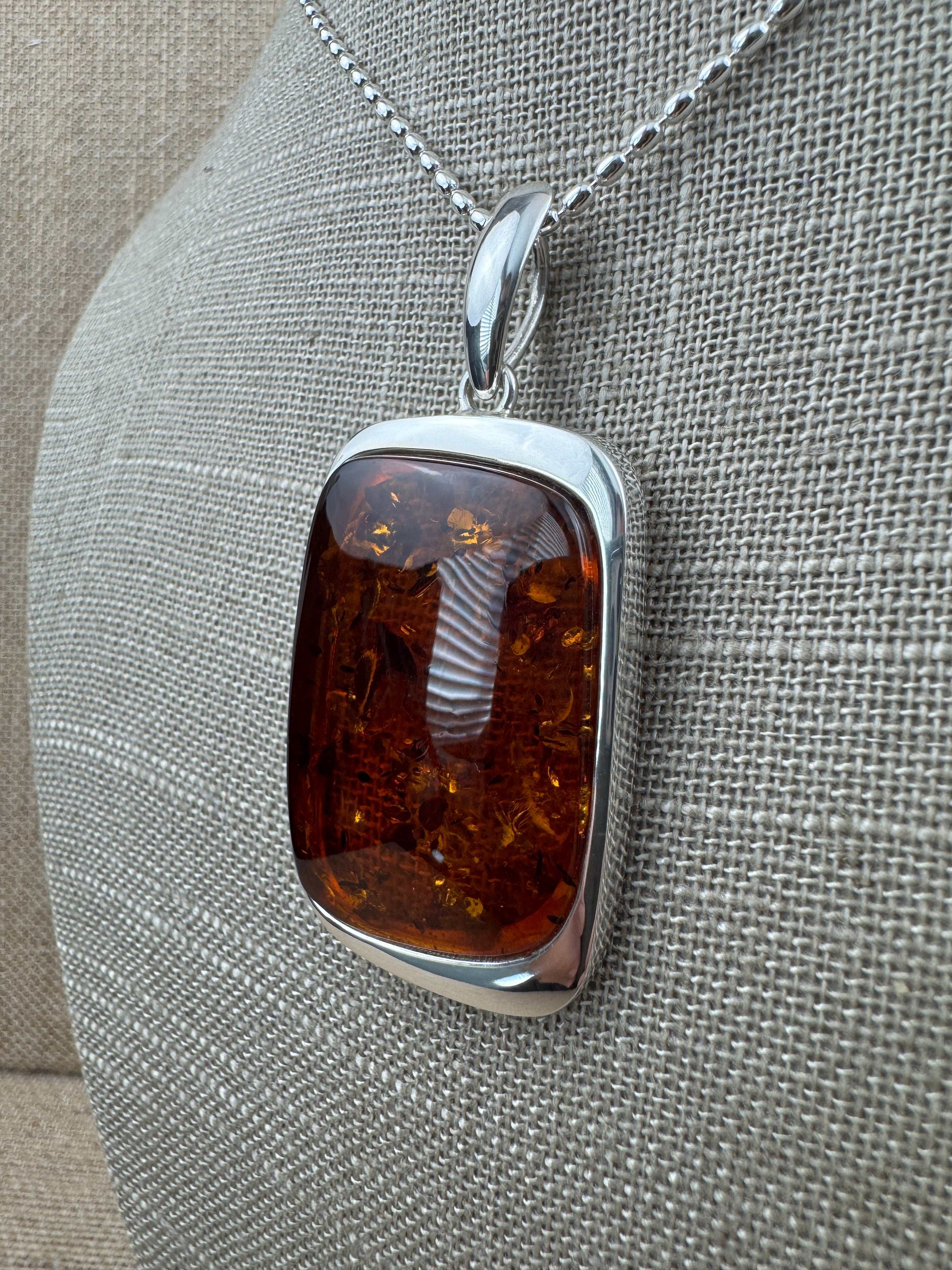 Handmade Sterling Silver Honey Baltic Amber Rectangular Pendant Necklace