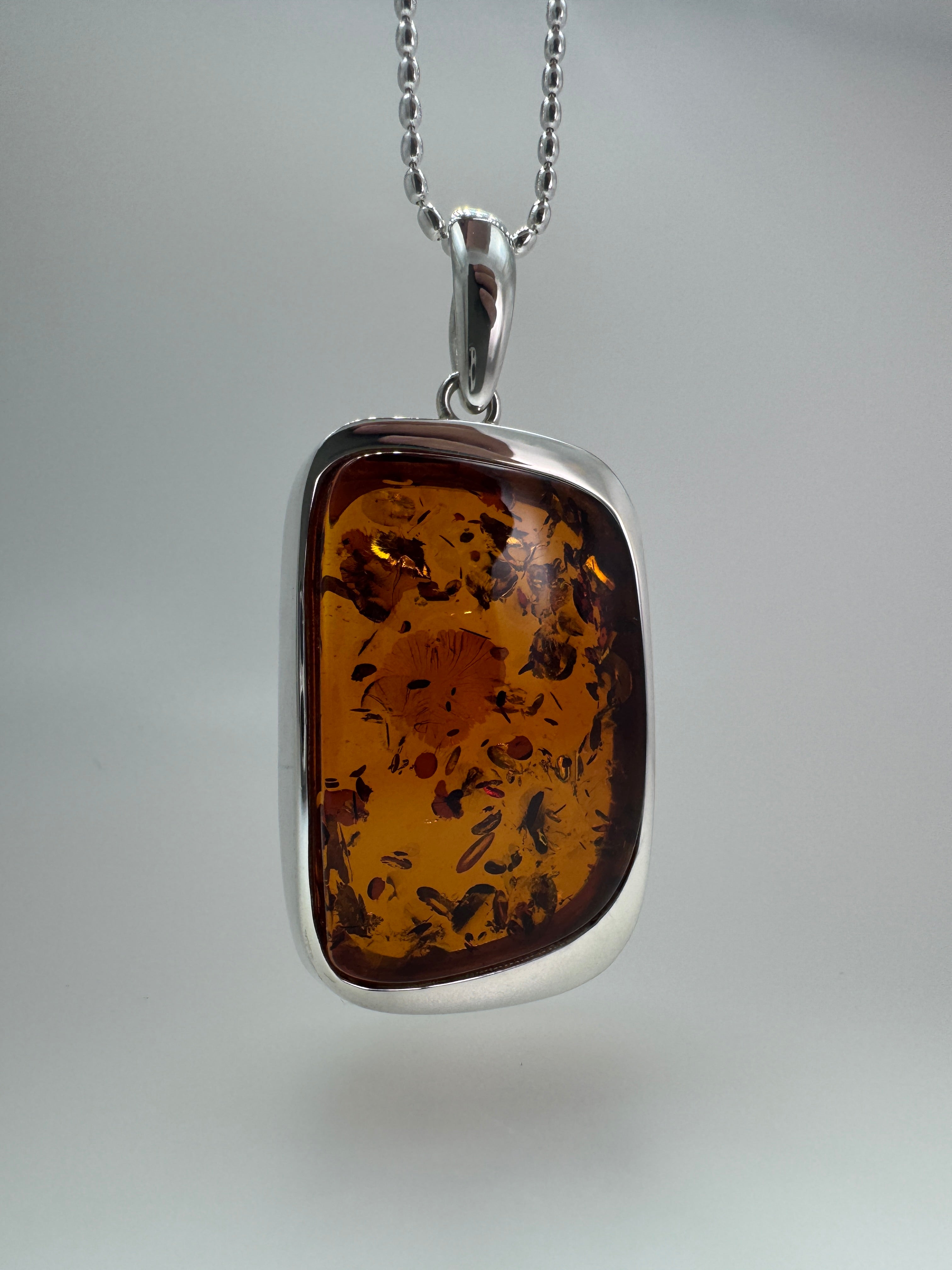 Handmade Sterling Silver Honey Baltic Amber Rectangular Pendant Necklace