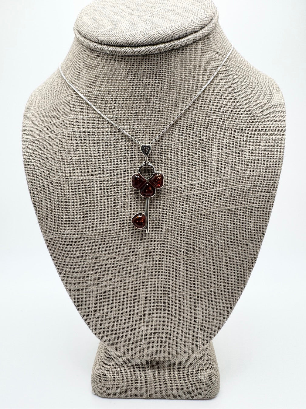 Handmade Sterling Silver Key Pendant with Cognac Baltic Amber Heart Stones | Unique Symbolic Necklace Made in Poland