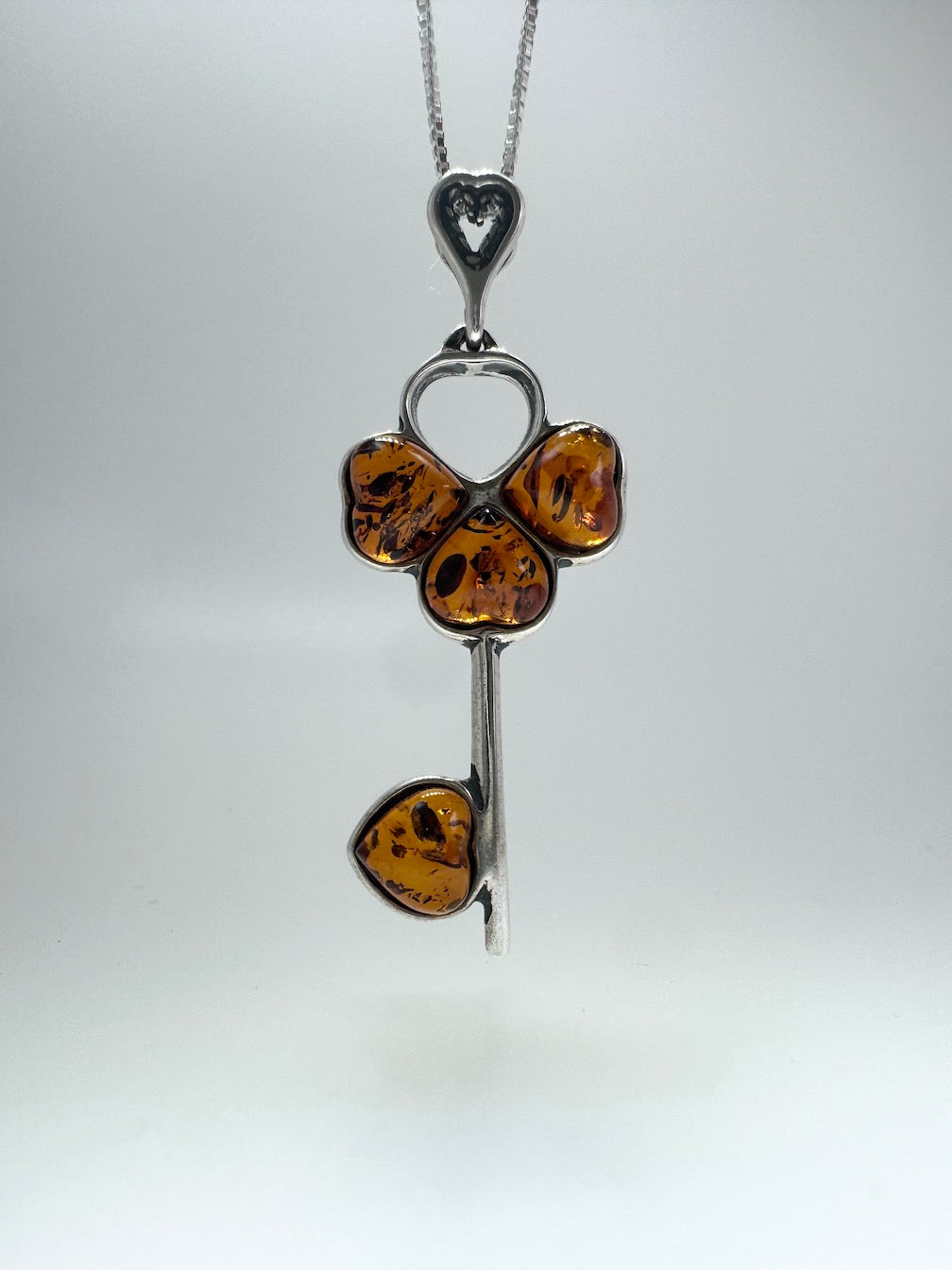 Handmade Sterling Silver Key Pendant with Cognac Baltic Amber Heart Stones | Unique Symbolic Necklace Made in Poland
