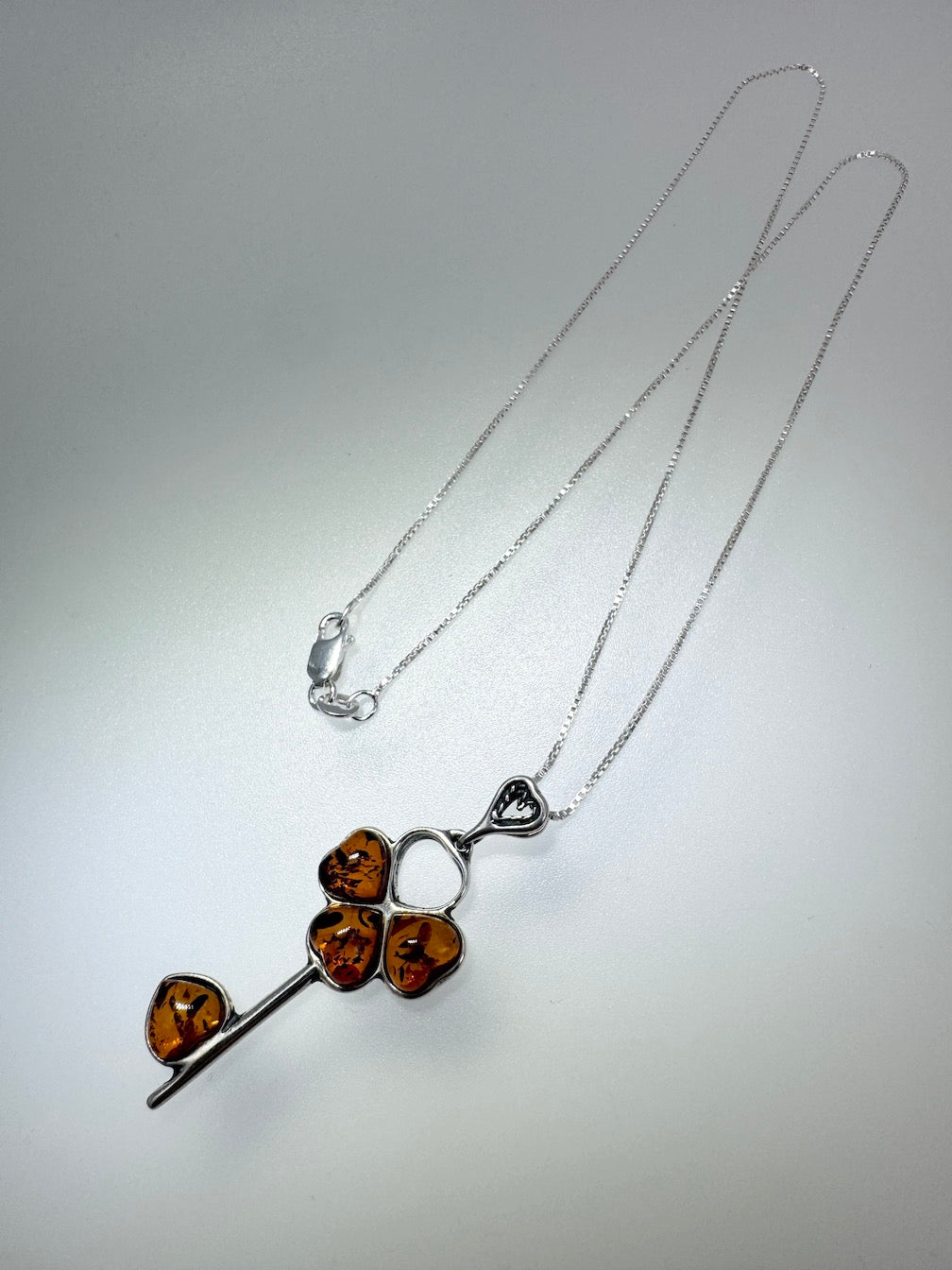 Handmade Sterling Silver Key Pendant with Cognac Baltic Amber Heart Stones | Unique Symbolic Necklace Made in Poland