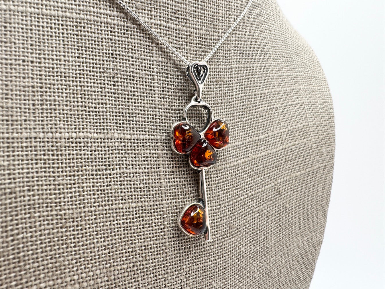 Handmade Sterling Silver Key Pendant with Cognac Baltic Amber Heart Stones | Unique Symbolic Necklace Made in Poland