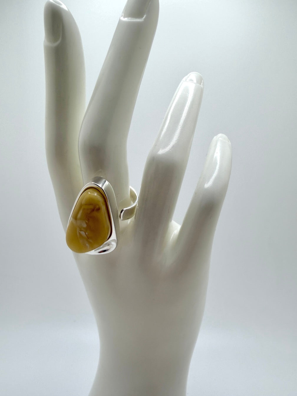 White - Butterscotch Baltic Amber Handmade Sterling Silver Modern Ring – Adjustable Open Shank Design