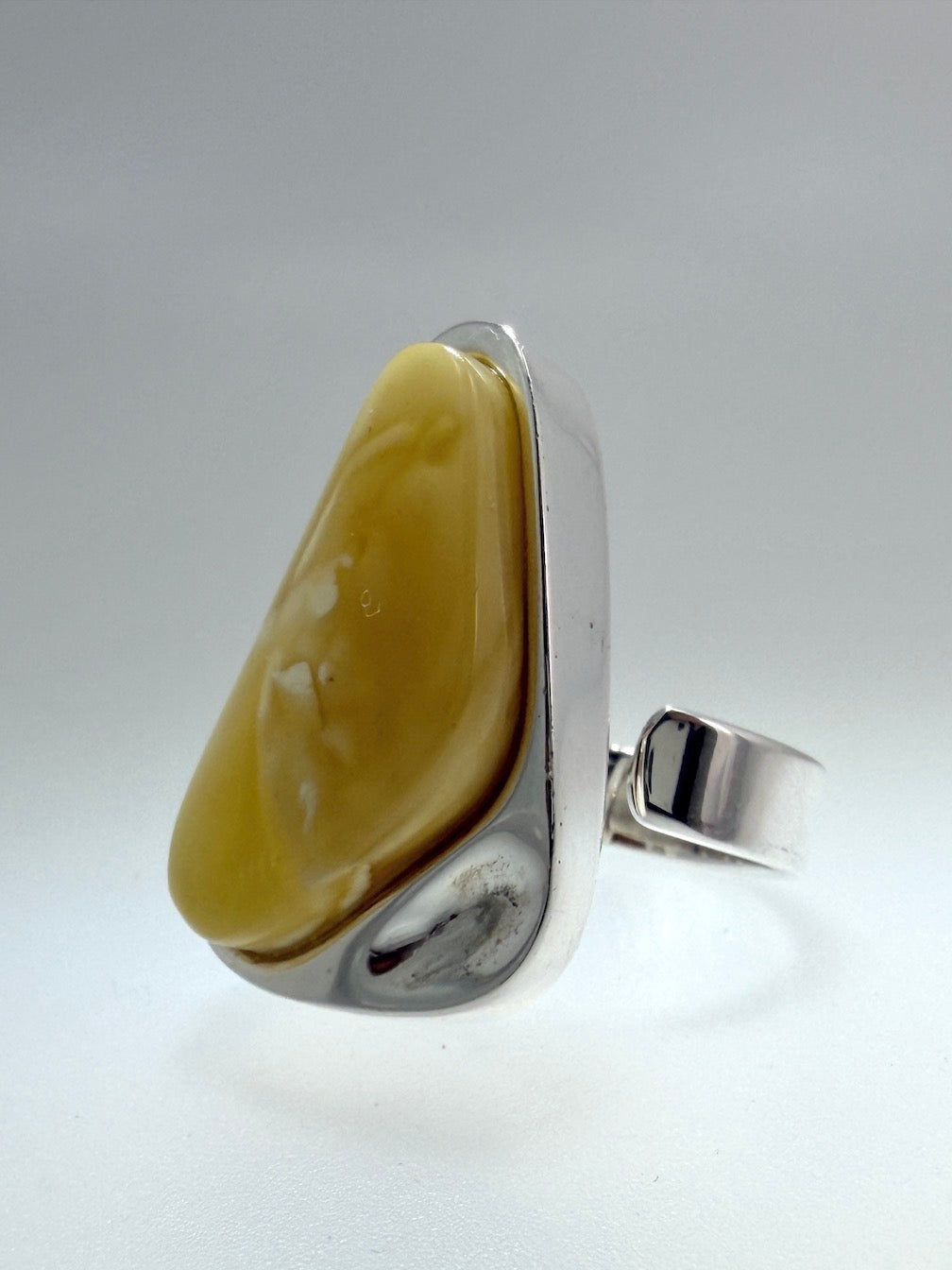 White - Butterscotch Baltic Amber Handmade Sterling Silver Modern Ring – Adjustable Open Shank Design