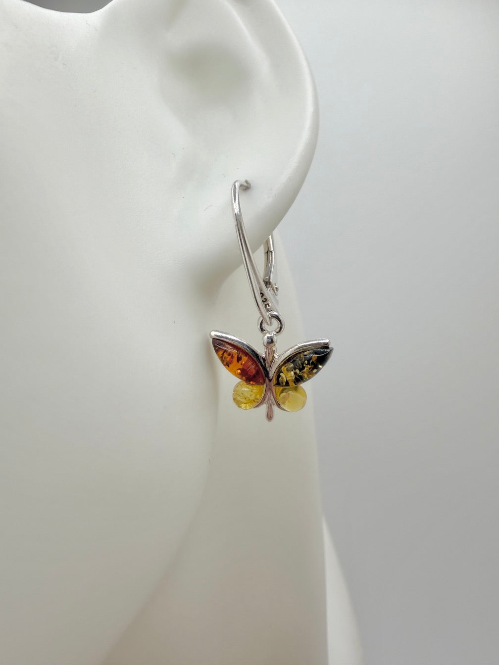 Handmade Sterling Silver Multicolor Baltic Amber Butterfly Drop Earrings | Honey Green Lemon Amber | Lever Back | Whimsical Polish Design