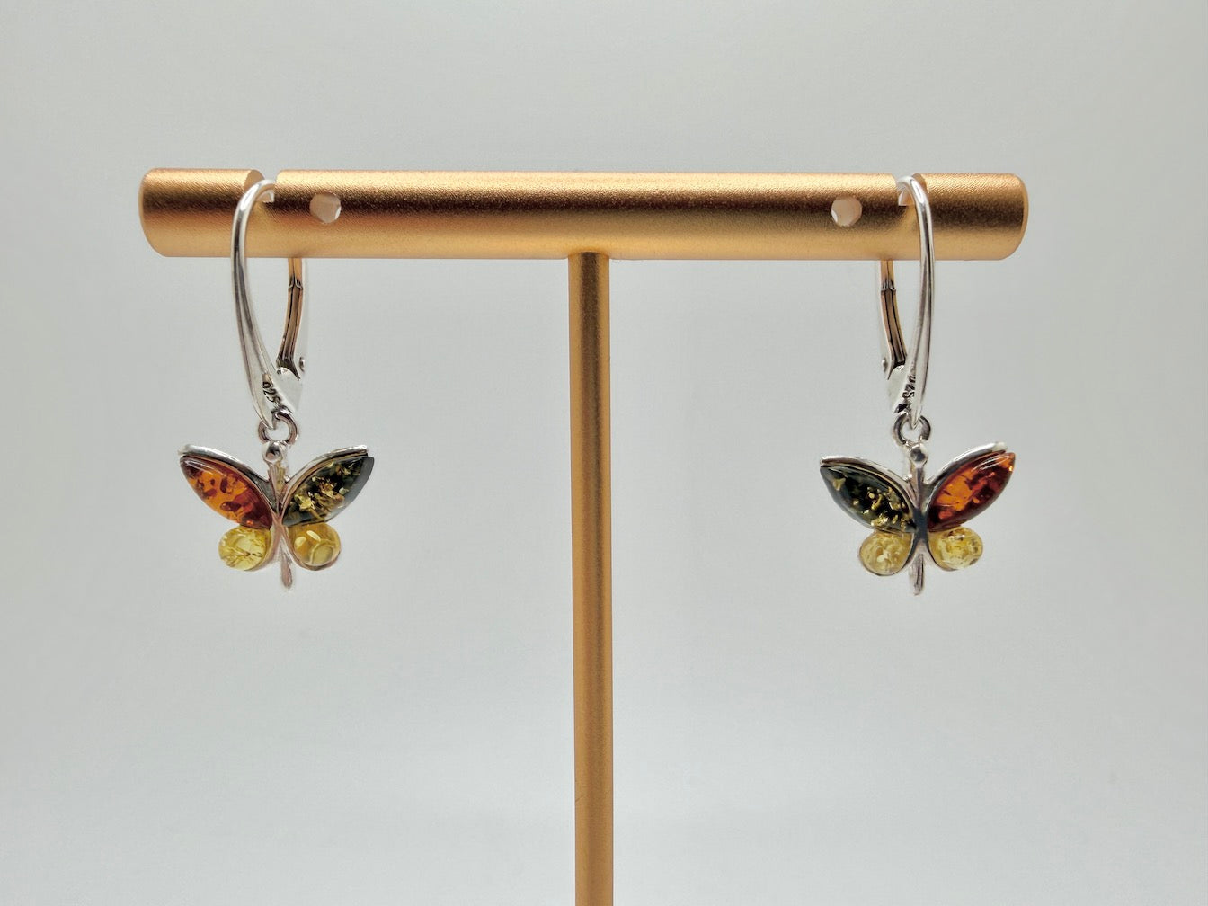 Handmade Sterling Silver Multicolor Baltic Amber Butterfly Drop Earrings | Honey Green Lemon Amber | Lever Back | Whimsical Polish Design