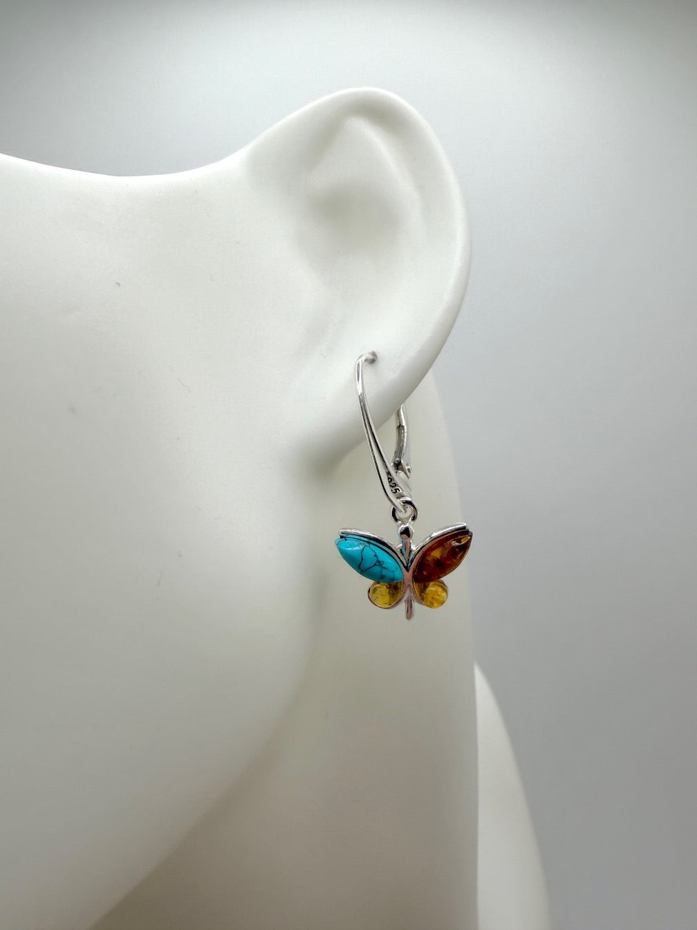 Handmade Sterling Silver Multicolor Baltic Amber Butterfly Drop Earrings | Honey Green Lemon Amber | Lever Back | Whimsical Polish Design