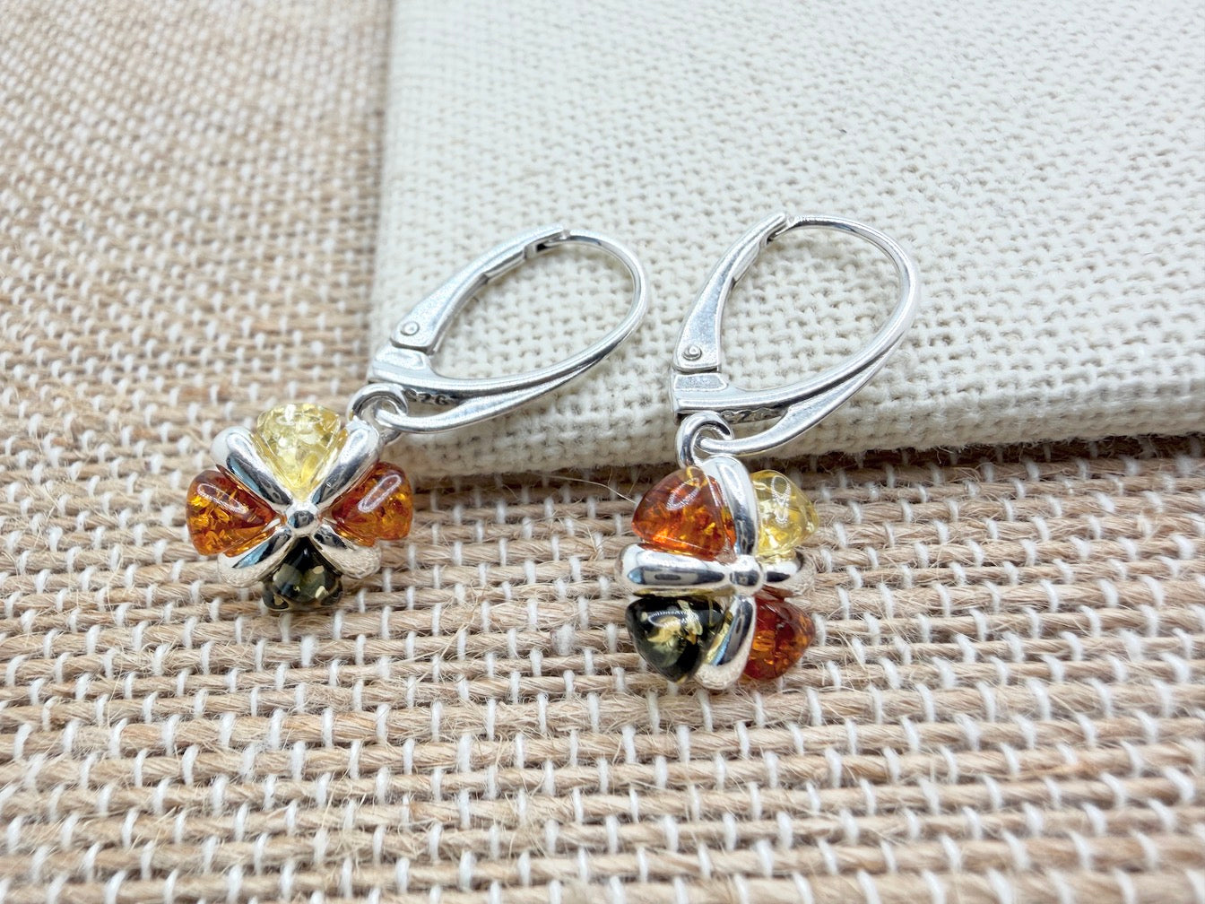 Handmade Sterling Silver Multicolor Baltic Amber Crisscross Drop Lever Back Earrings | Cognac Green Lemon | Everyday Lightweight Earrings