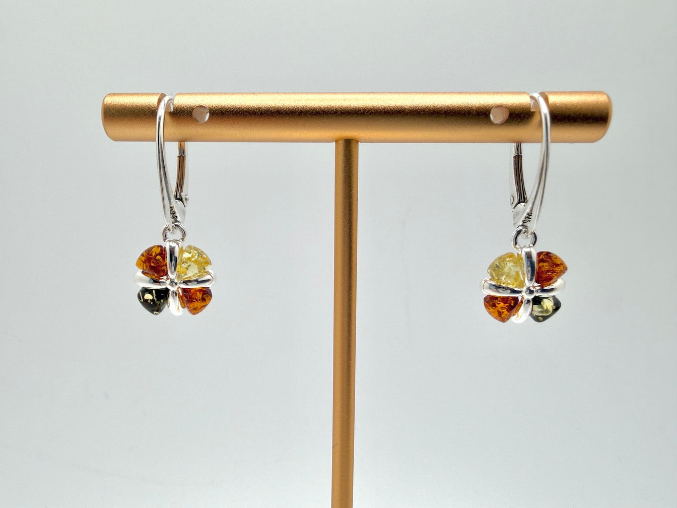 Handmade Sterling Silver Multicolor Baltic Amber Crisscross Drop Lever Back Earrings | Cognac Green Lemon | Everyday Lightweight Earrings