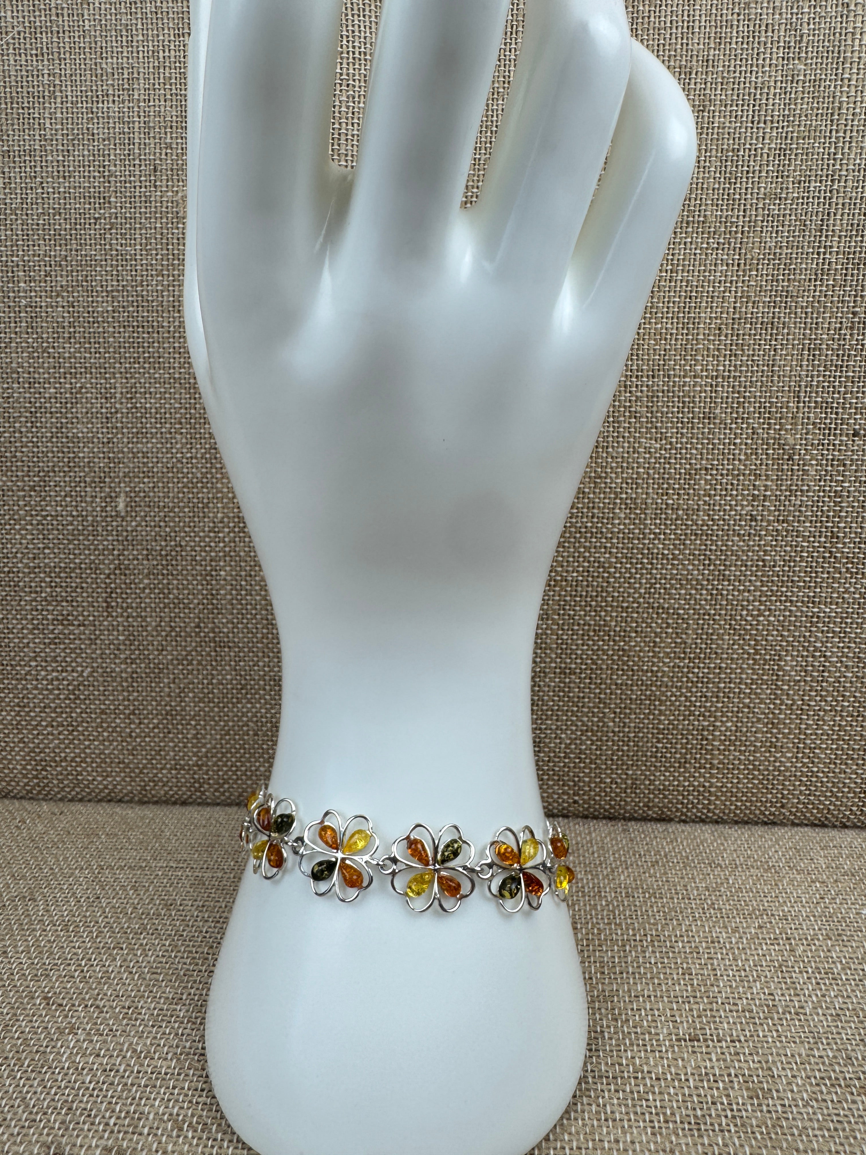 Handmade Sterling Silver Multicolor Baltic Amber Flower Link Bracelet – Cognac, Green & Lemon Amber – Sizes 7” or 7.5” – Made in Poland