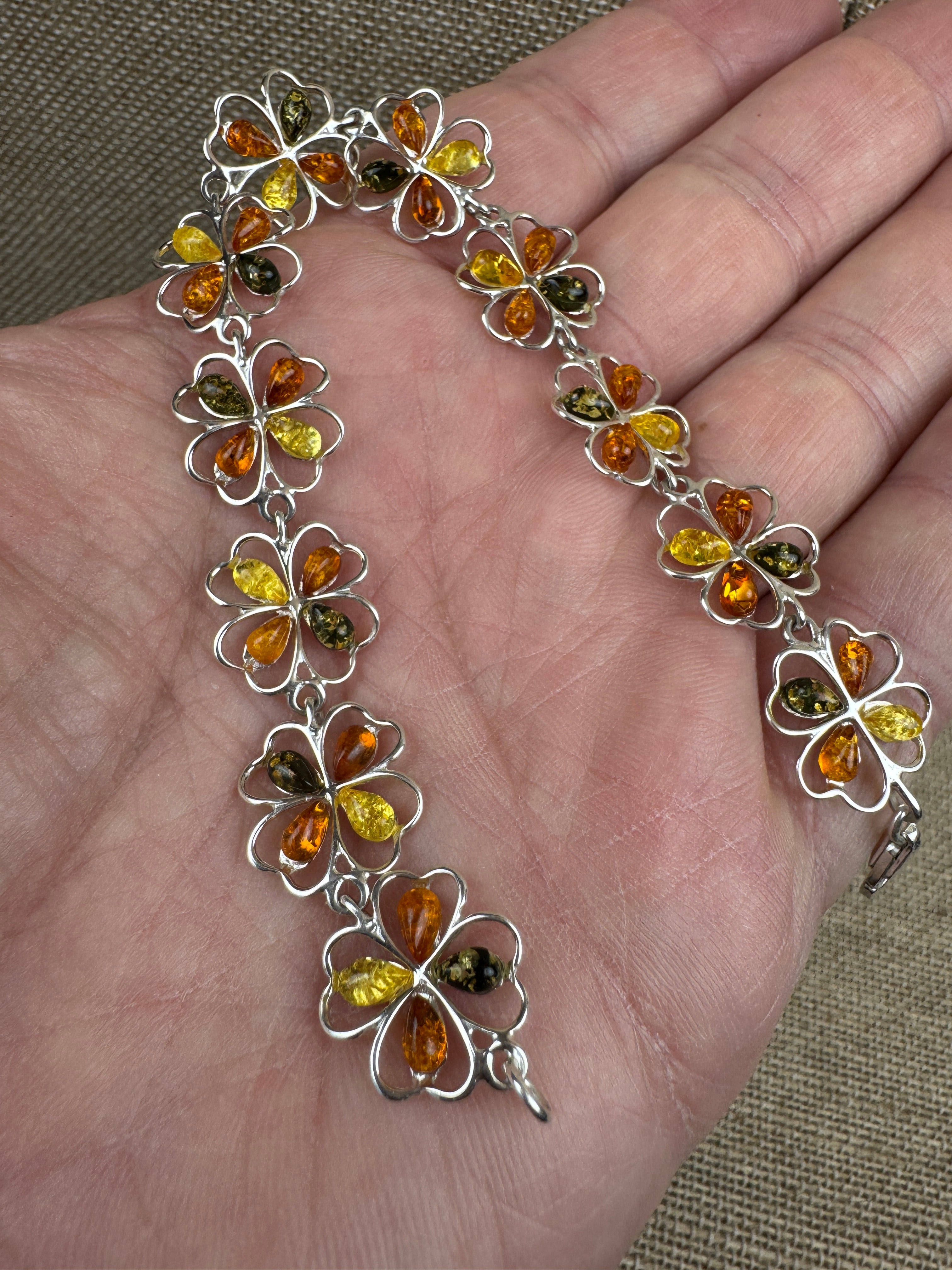 Handmade Sterling Silver Multicolor Baltic Amber Flower Link Bracelet – Cognac, Green & Lemon Amber – Sizes 7” or 7.5” – Made in Poland
