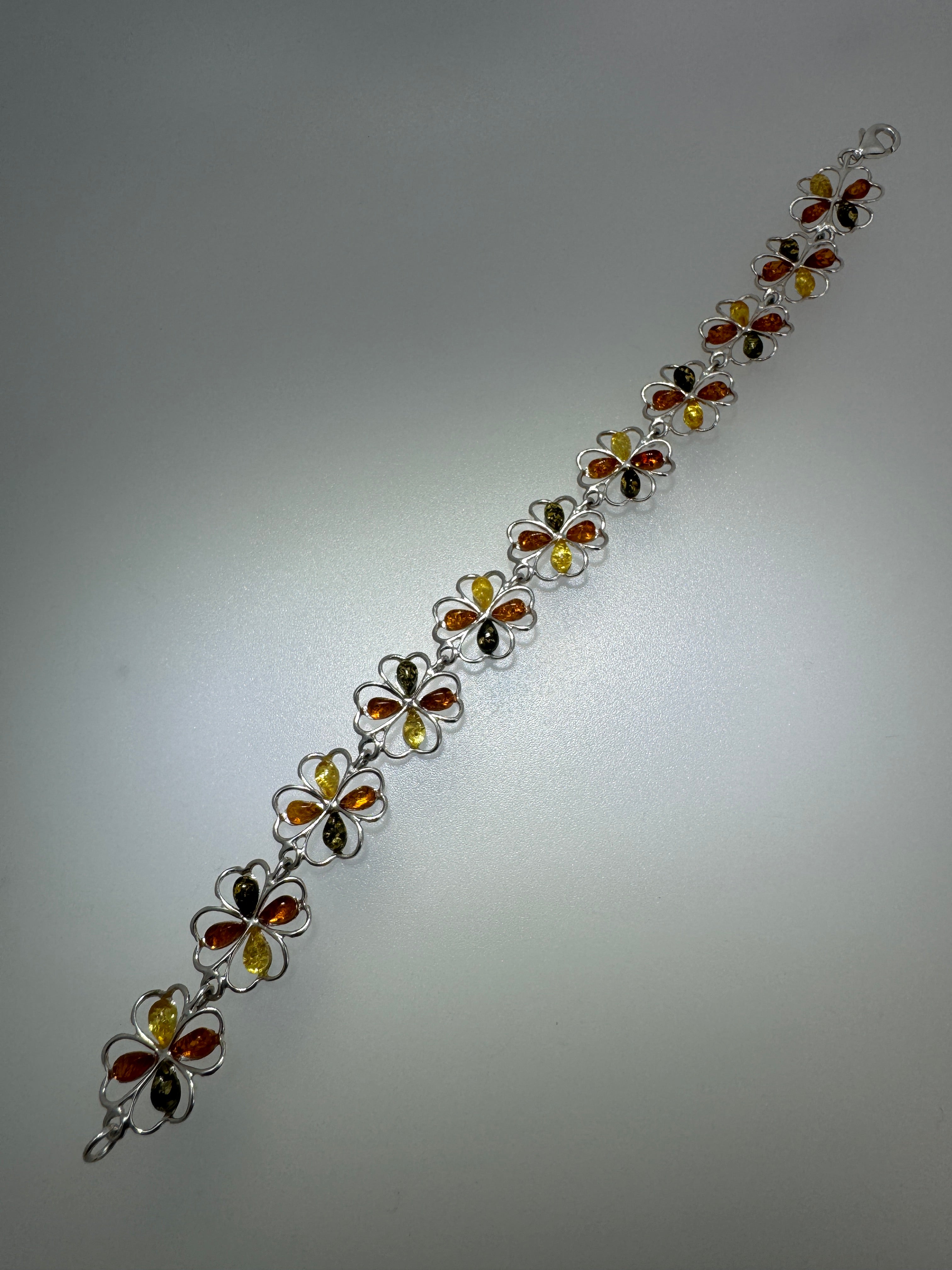 Handmade Sterling Silver Multicolor Baltic Amber Flower Link Bracelet – Cognac, Green & Lemon Amber – Sizes 7” or 7.5” – Made in Poland