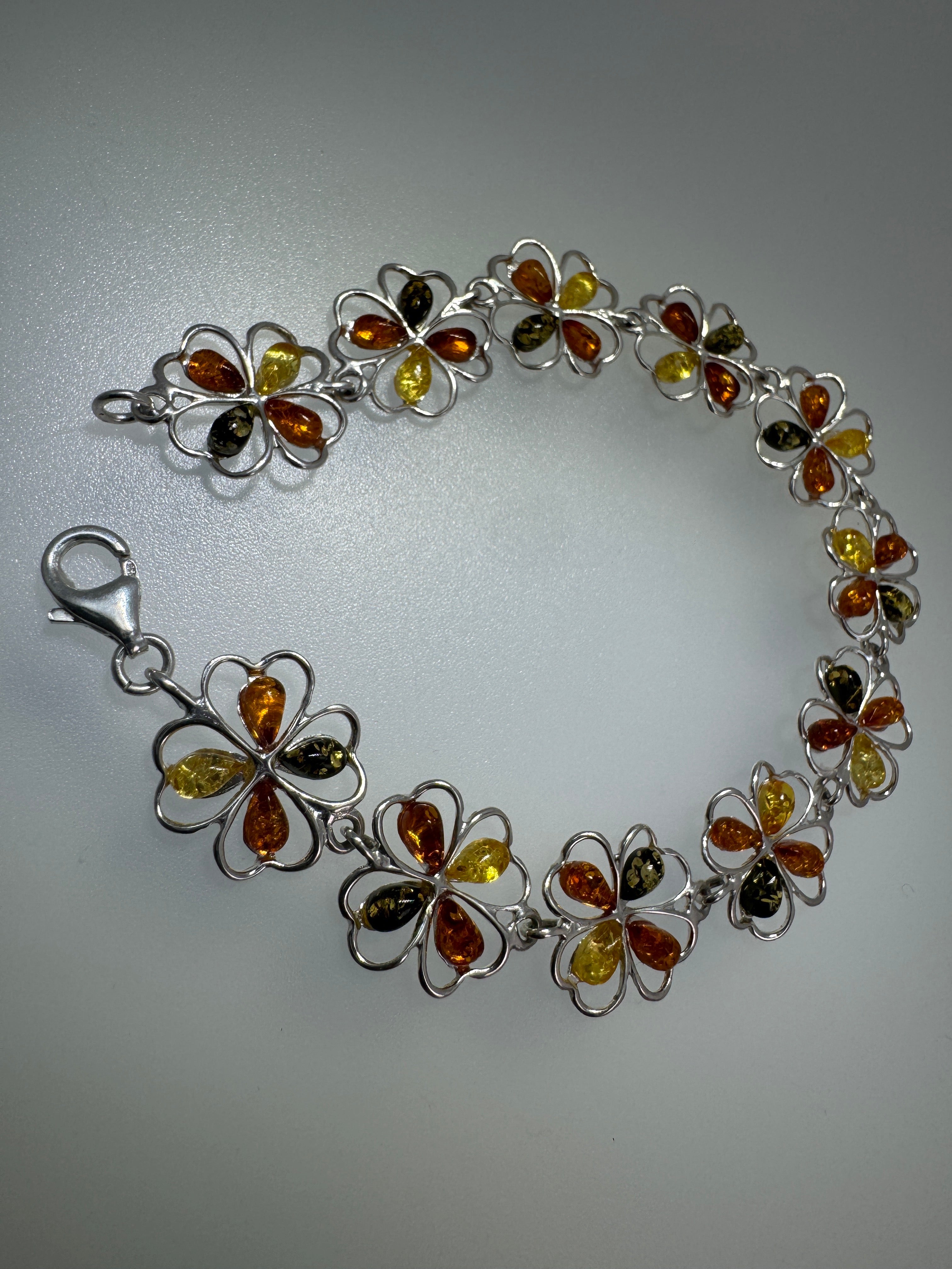Handmade Sterling Silver Multicolor Baltic Amber Flower Link Bracelet – Cognac, Green & Lemon Amber – Sizes 7” or 7.5” – Made in Poland