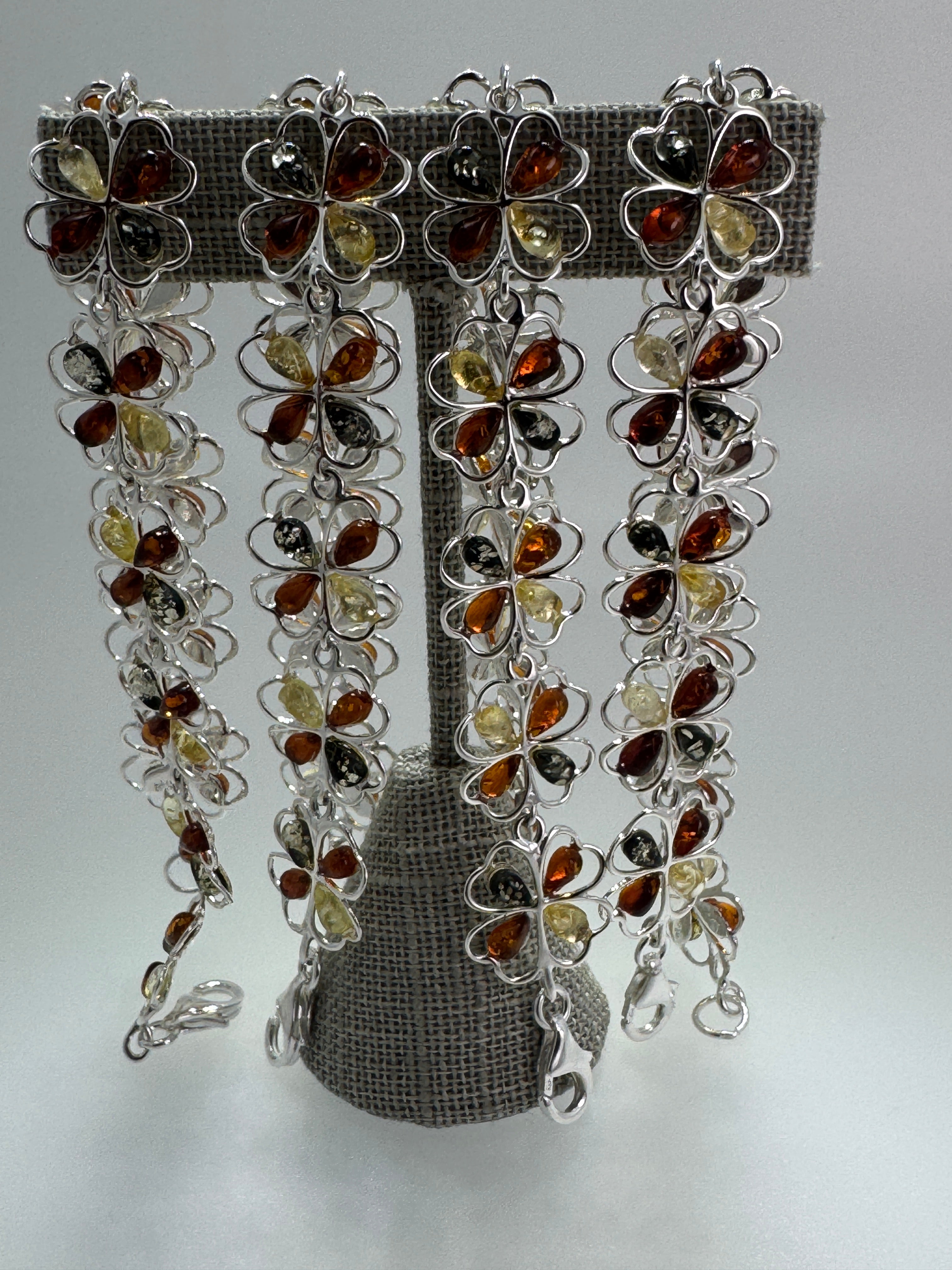 Handmade Sterling Silver Multicolor Baltic Amber Flower Link Bracelet – Cognac, Green & Lemon Amber – Sizes 7” or 7.5” – Made in Poland