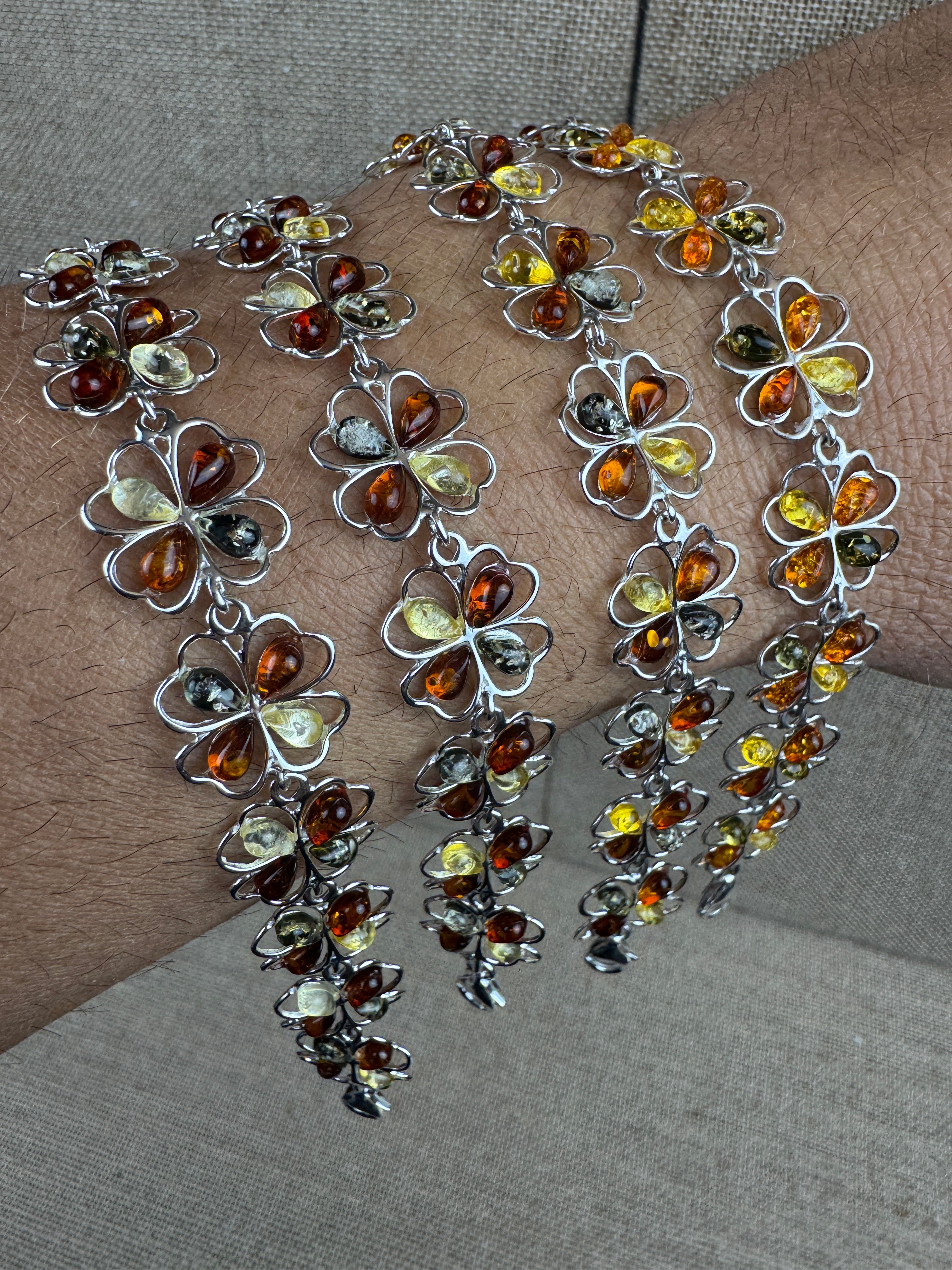 Handmade Sterling Silver Multicolor Baltic Amber Flower Link Bracelet – Cognac, Green & Lemon Amber – Sizes 7” or 7.5” – Made in Poland