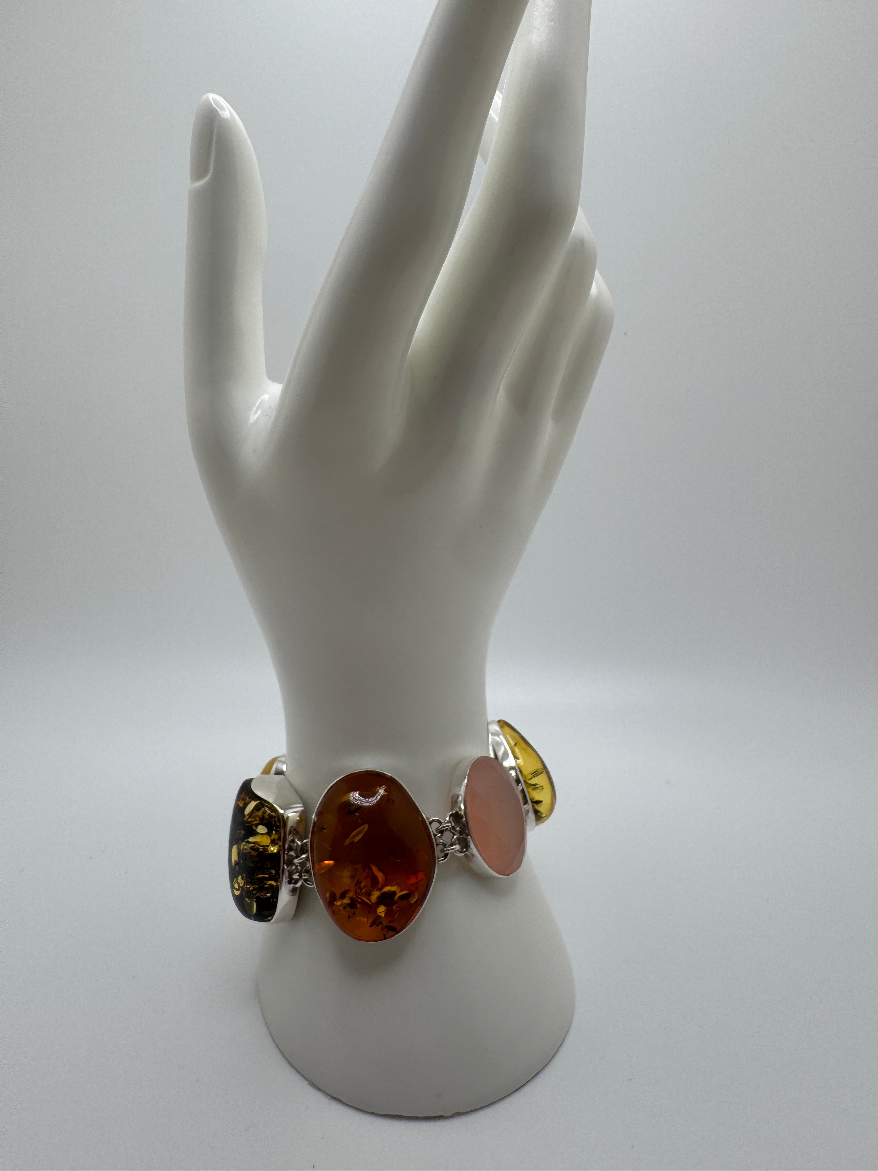 Handmade Sterling Silver Multicolor Baltic Amber & Rose Quartz Link Bracelet – Green, Butterscotch & Cognac Amber, One-of-a-Kind Artisan Jewelry