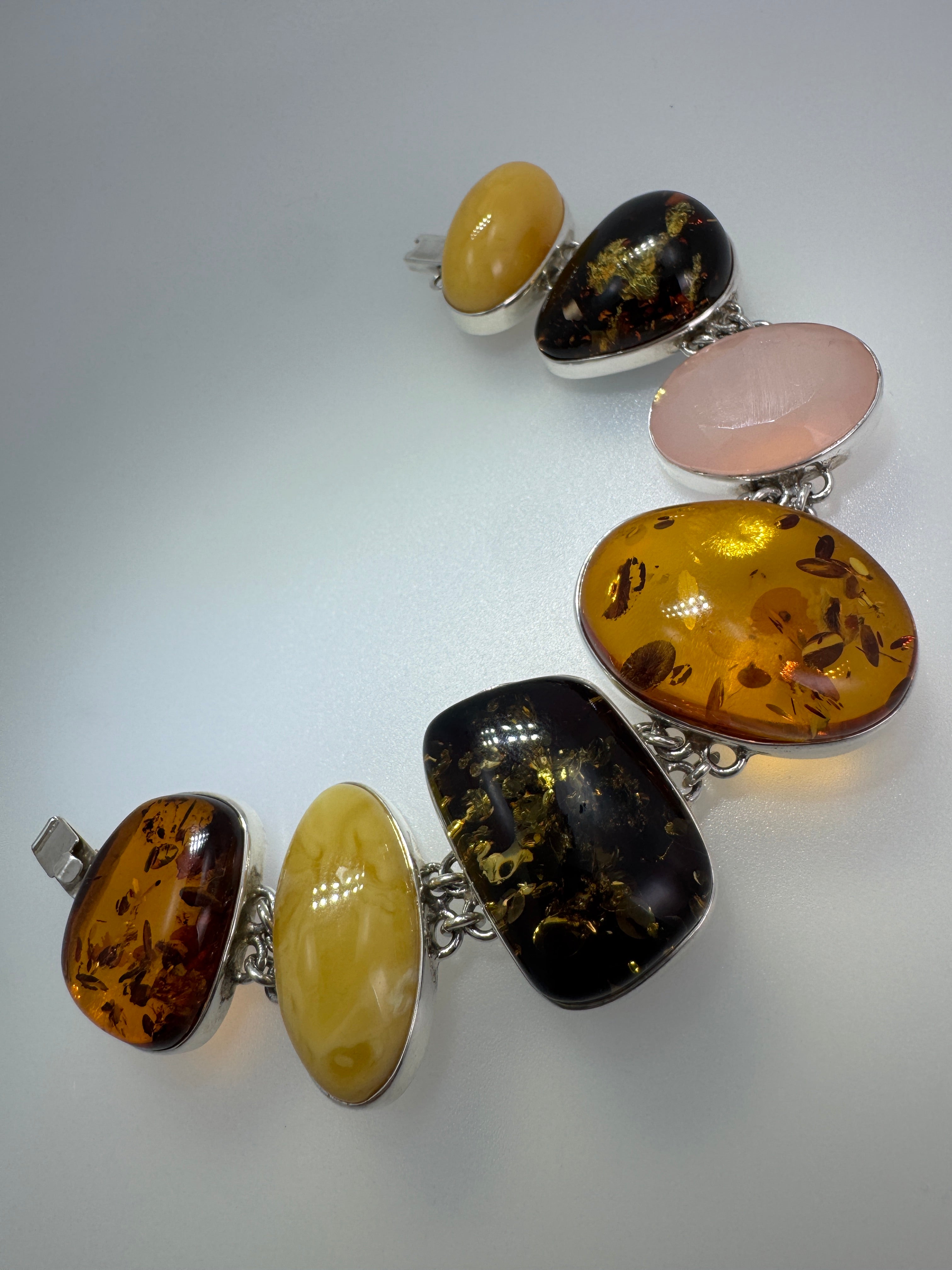 Handmade Sterling Silver Multicolor Baltic Amber & Rose Quartz Link Bracelet – Green, Butterscotch & Cognac Amber, One-of-a-Kind Artisan Jewelry