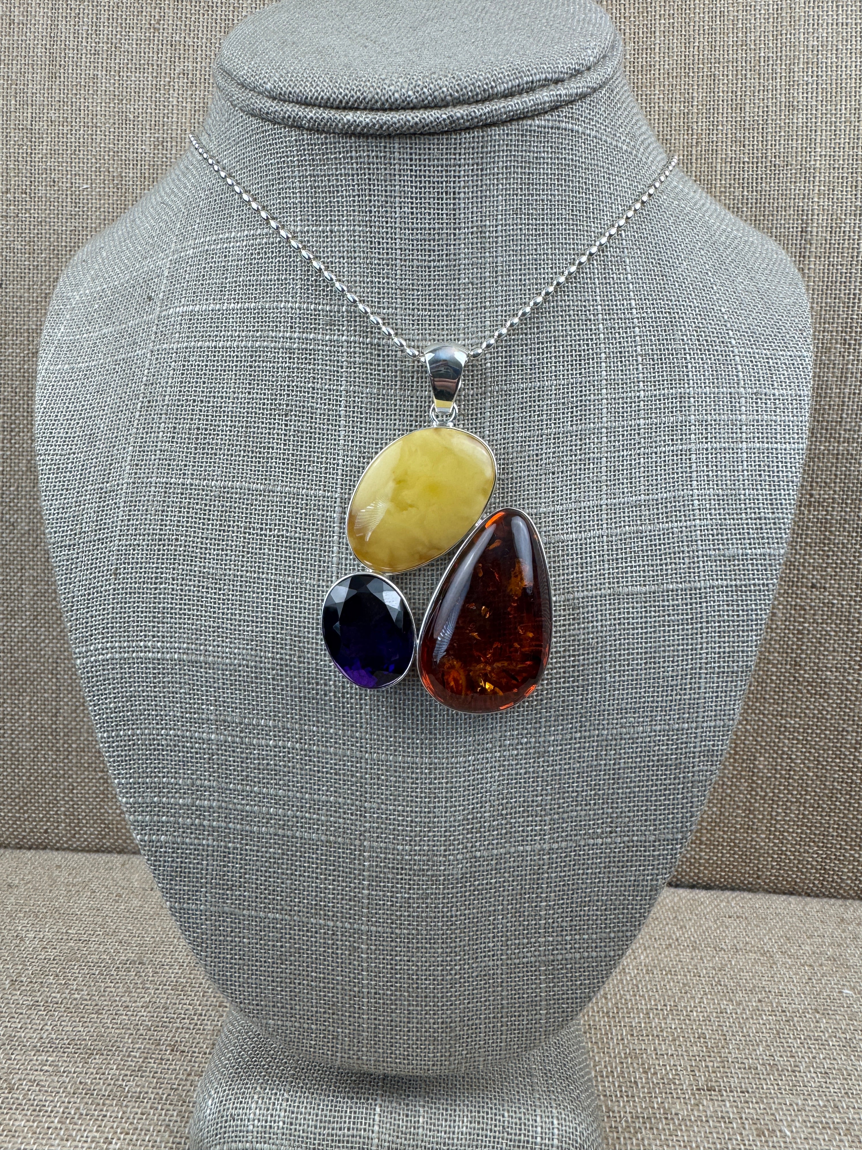 Handmade Sterling Silver Pendant with Honey Amber, Butterscotch Amber & Faceted Amethyst – One-of-a-Kind Baltic Gem Necklace