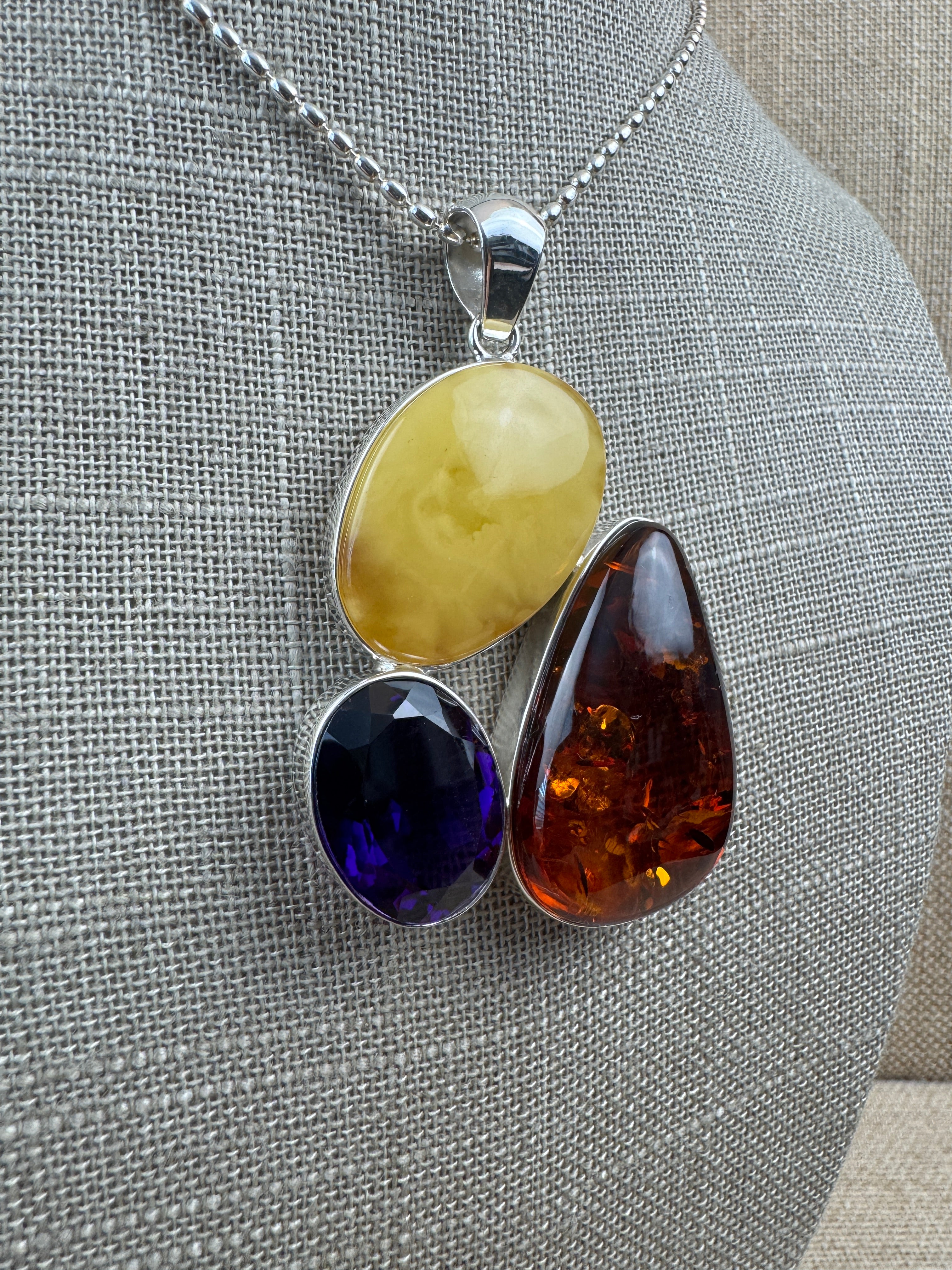 Handmade Sterling Silver Pendant with Honey Amber, Butterscotch Amber & Faceted Amethyst – One-of-a-Kind Baltic Gem Necklace