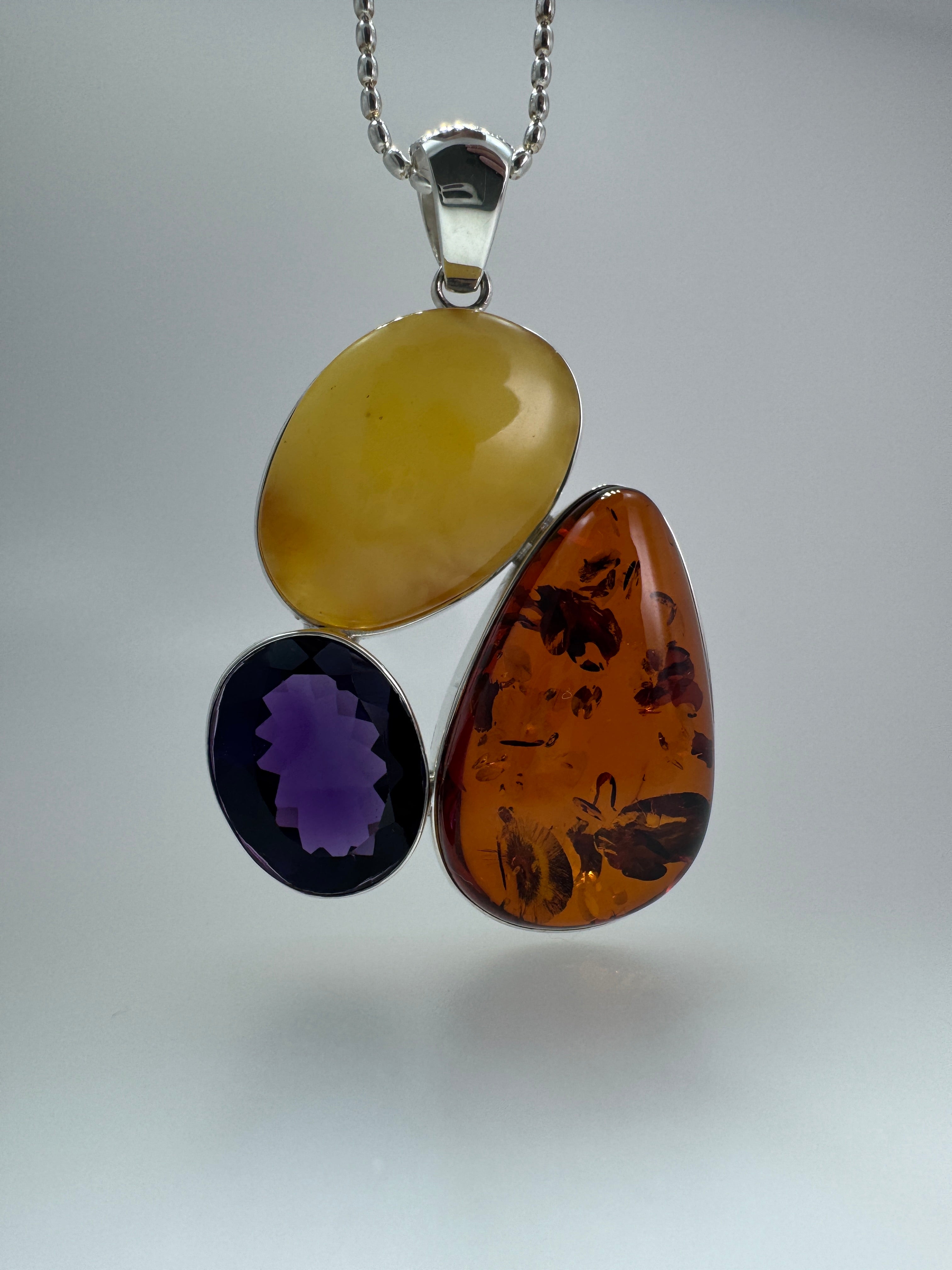 Handmade Sterling Silver Pendant with Honey Amber, Butterscotch Amber & Faceted Amethyst – One-of-a-Kind Baltic Gem Necklace
