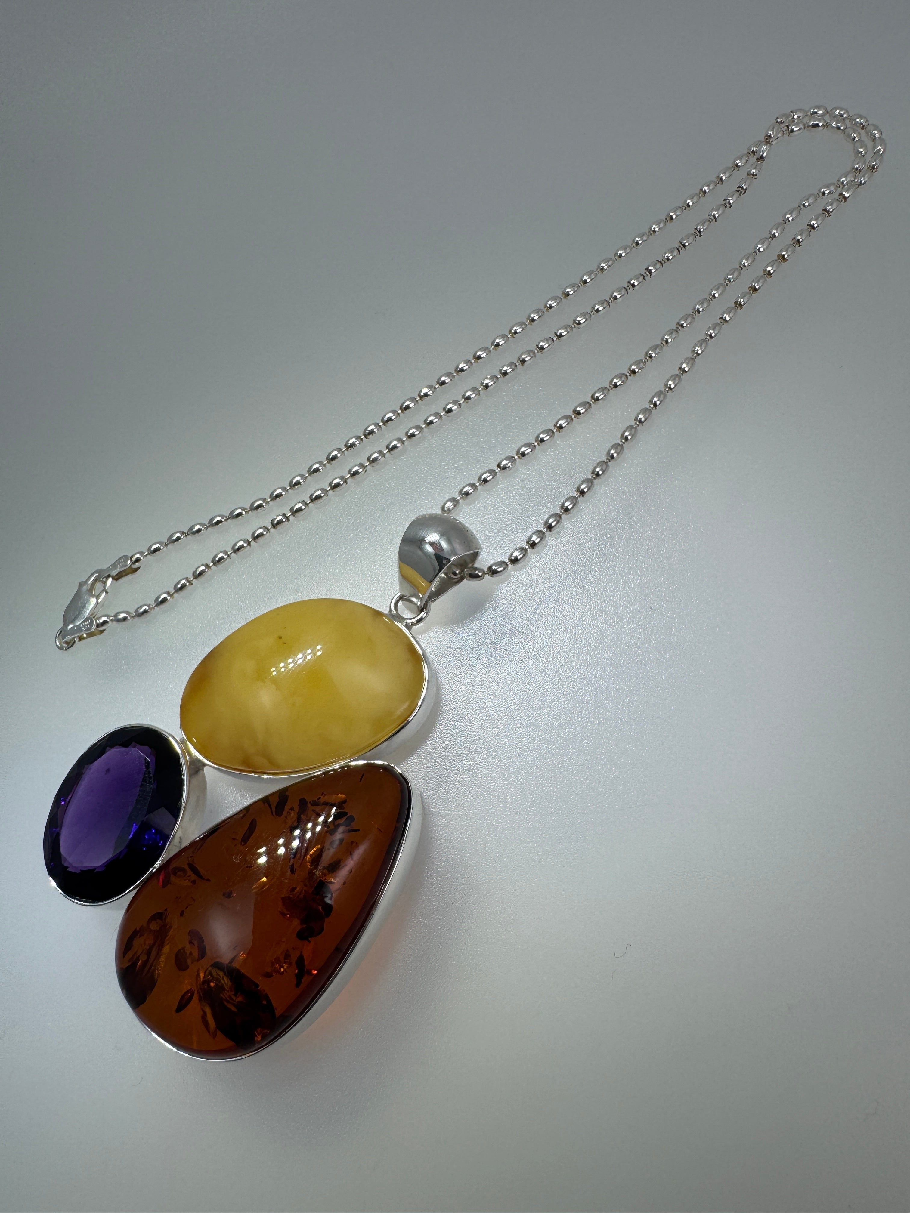 Handmade Sterling Silver Pendant with Honey Amber, Butterscotch Amber & Faceted Amethyst – One-of-a-Kind Baltic Gem Necklace