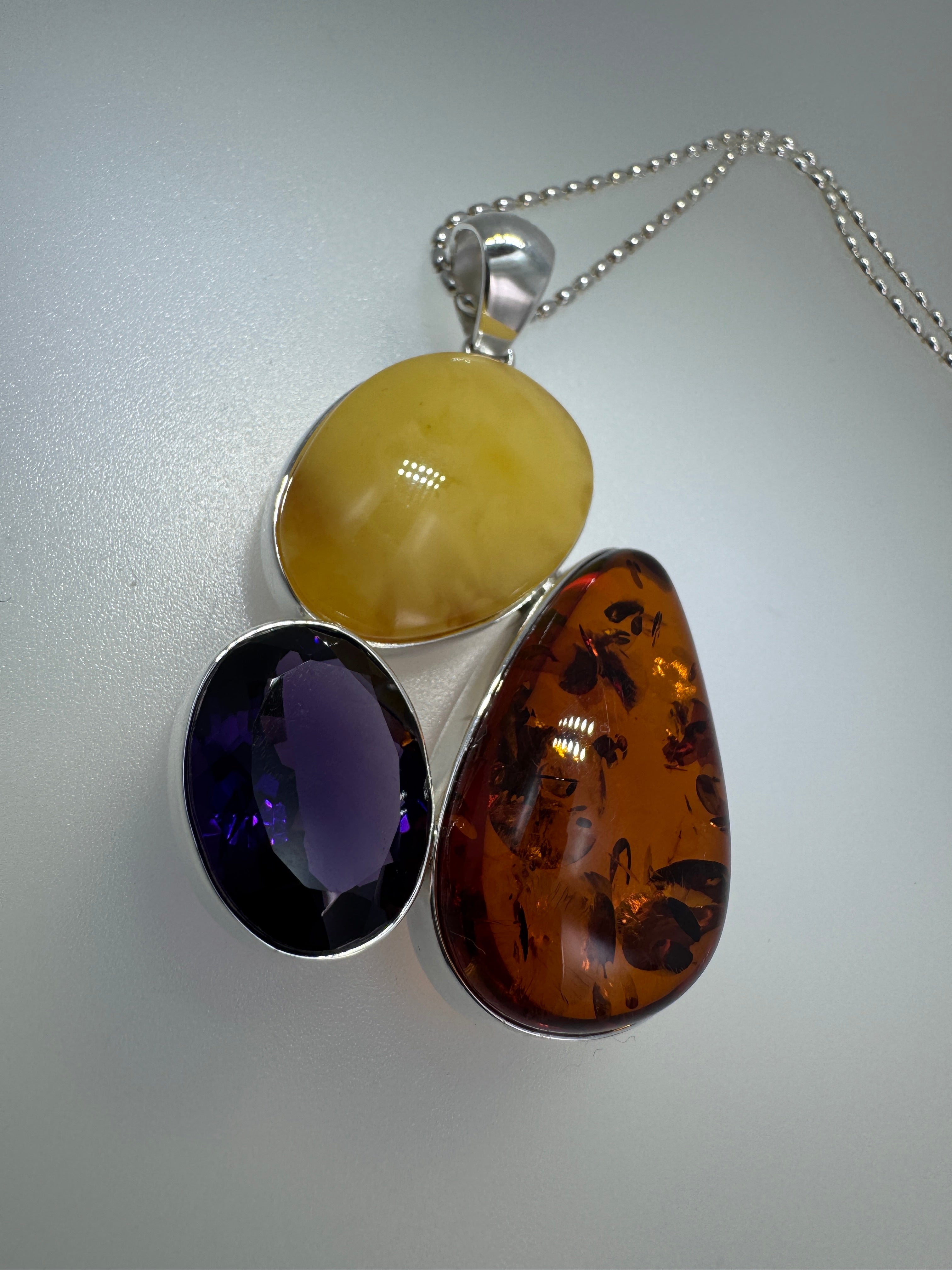 Handmade Sterling Silver Pendant with Honey Amber, Butterscotch Amber & Faceted Amethyst – One-of-a-Kind Baltic Gem Necklace