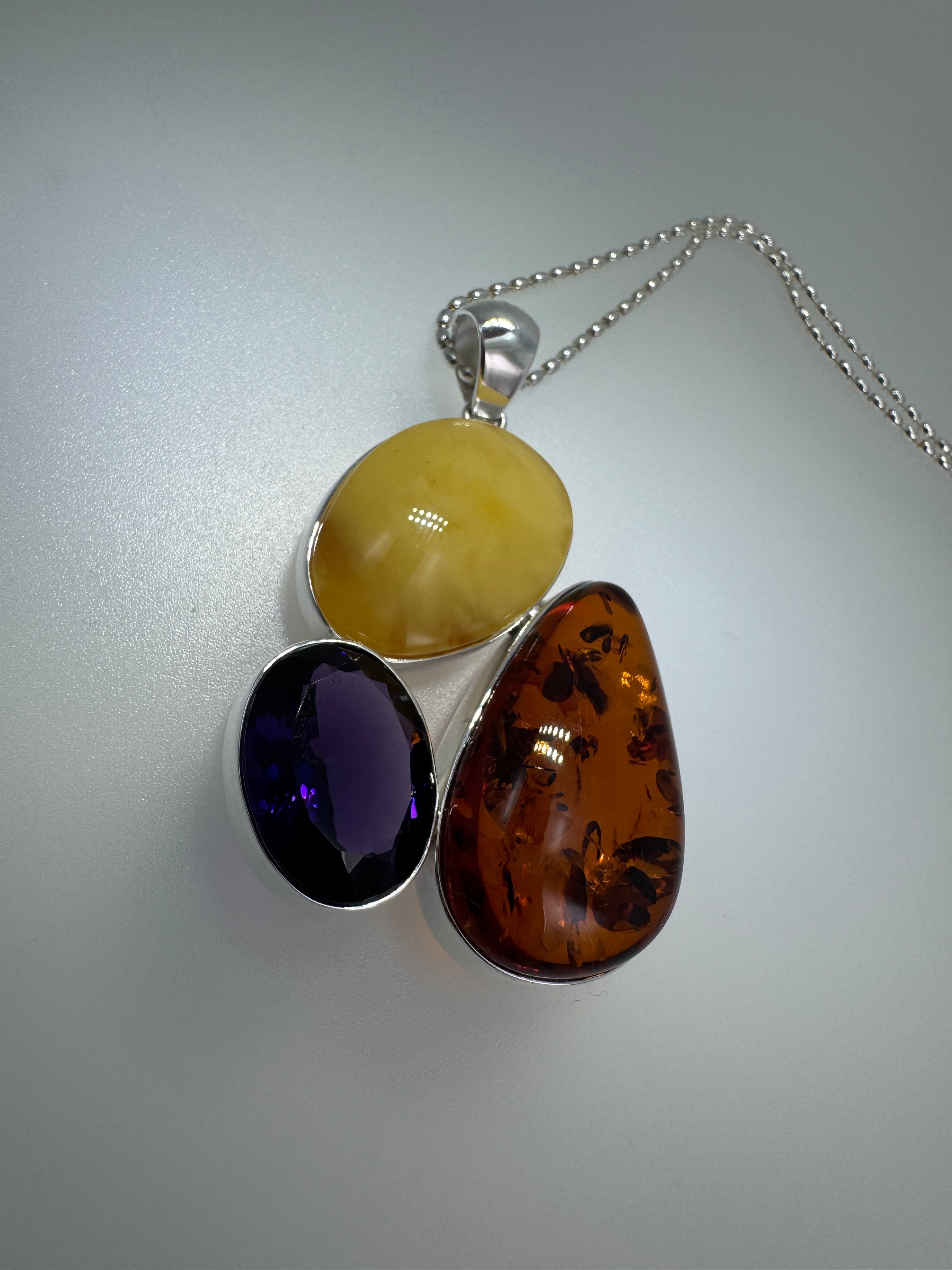Handmade Sterling Silver Pendant with Honey Amber, Butterscotch Amber & Faceted Amethyst – One-of-a-Kind Baltic Gem Necklace
