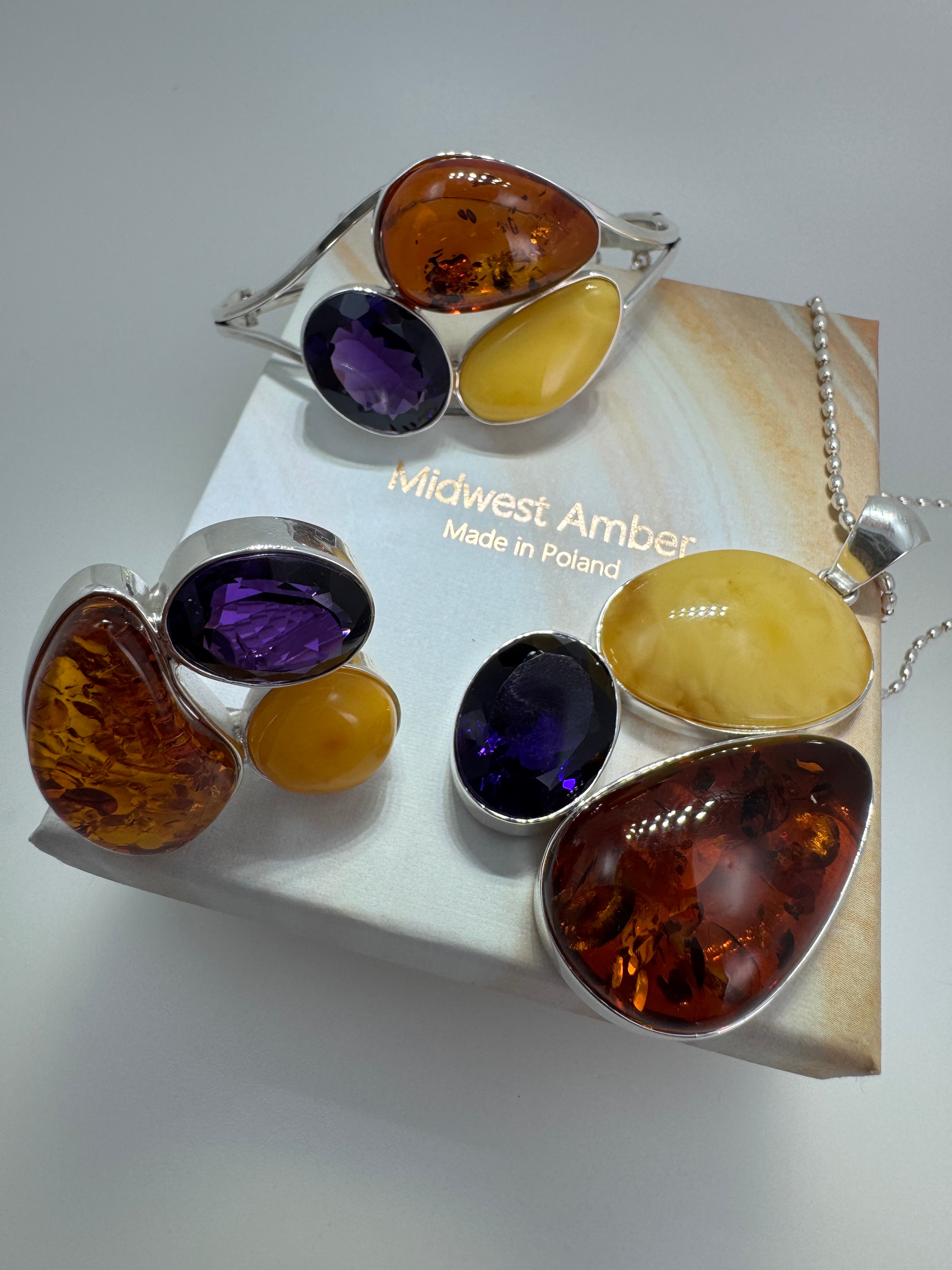 Handmade Sterling Silver Pendant with Honey Amber, Butterscotch Amber & Faceted Amethyst – One-of-a-Kind Baltic Gem Necklace
