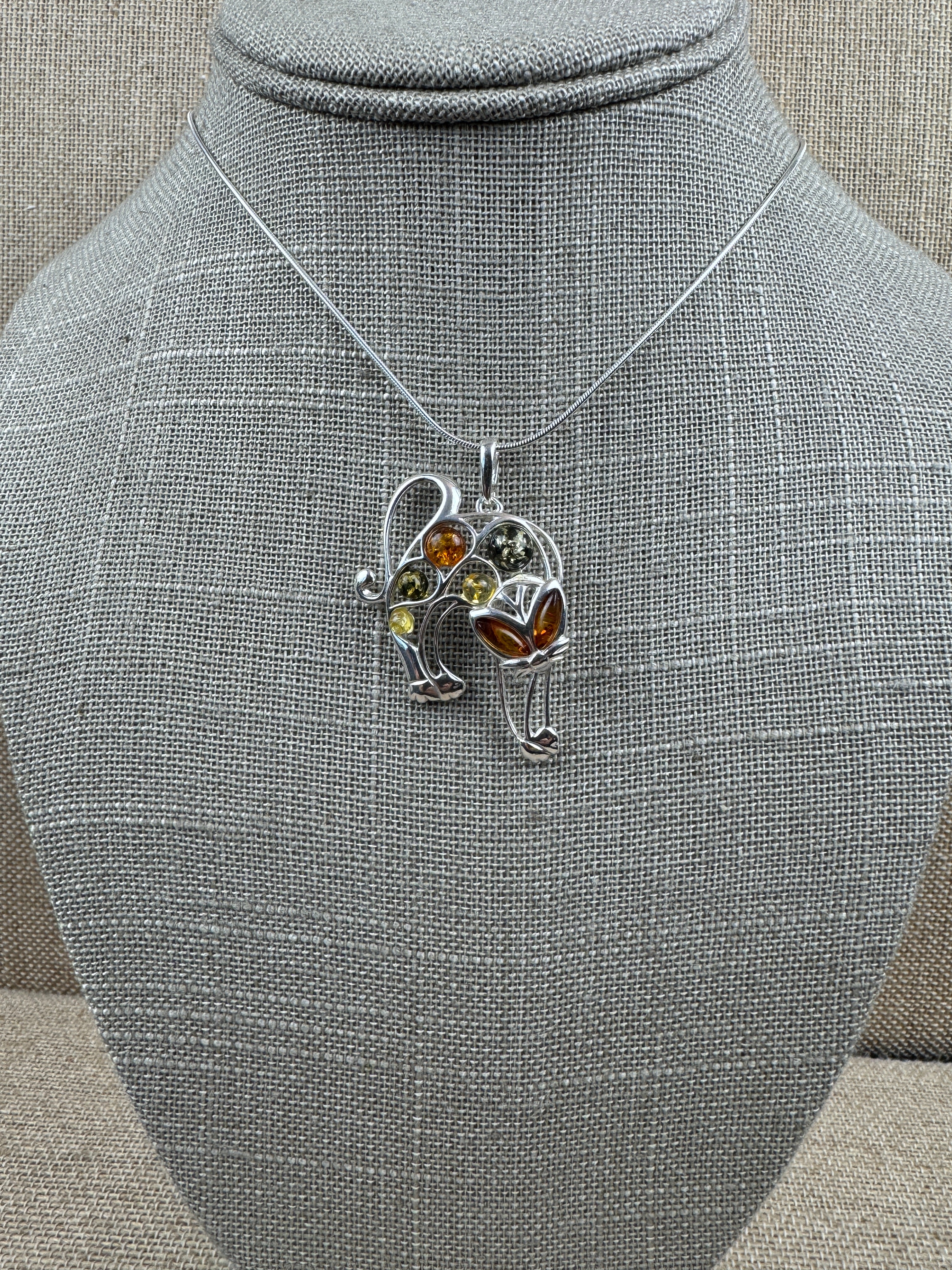 Handmade Sterling Silver Pouncing Cat Pendant with Multicolor Baltic Amber on Silver Chain – Fun Whimsical Cat Necklace – Made in Poland
