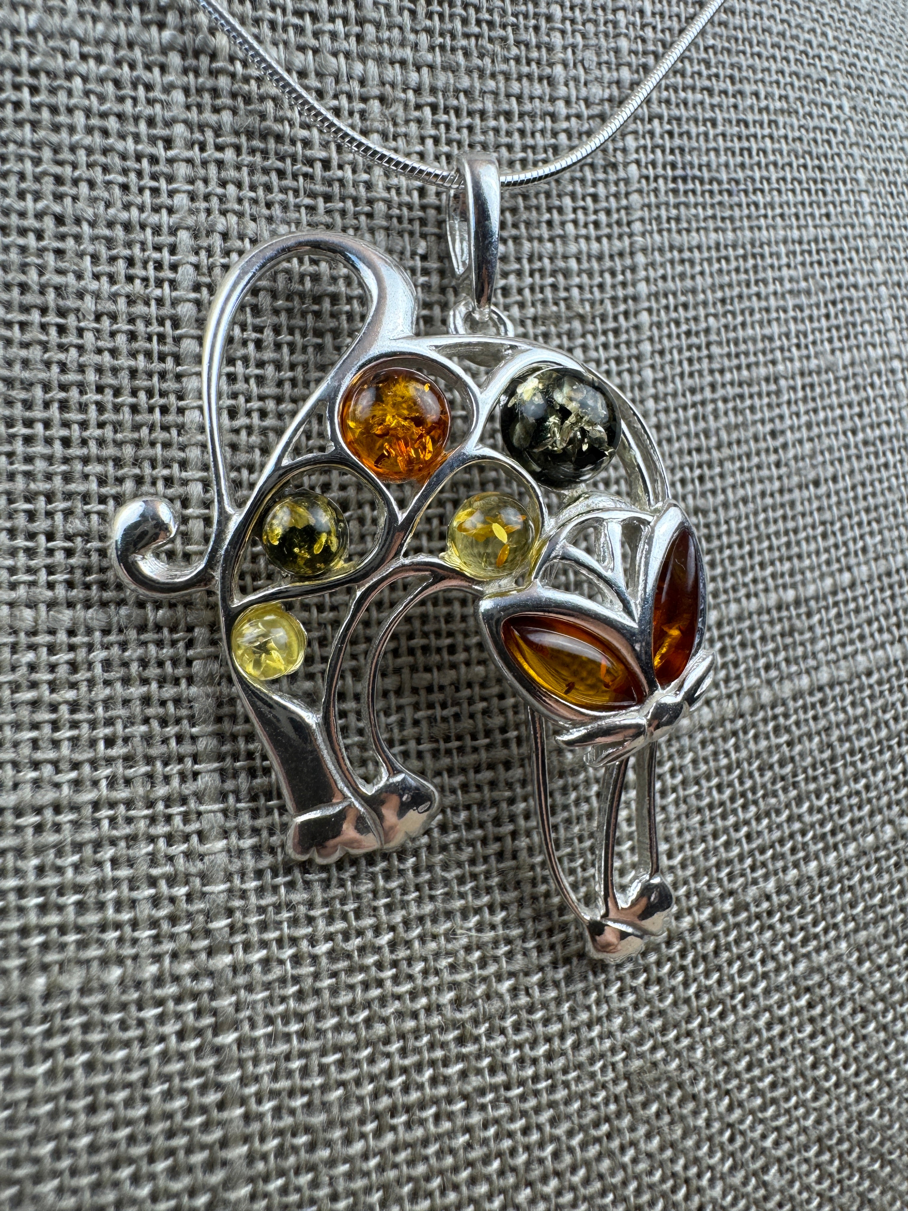 Handmade Sterling Silver Pouncing Cat Pendant with Multicolor Baltic Amber on Silver Chain – Fun Whimsical Cat Necklace – Made in Poland