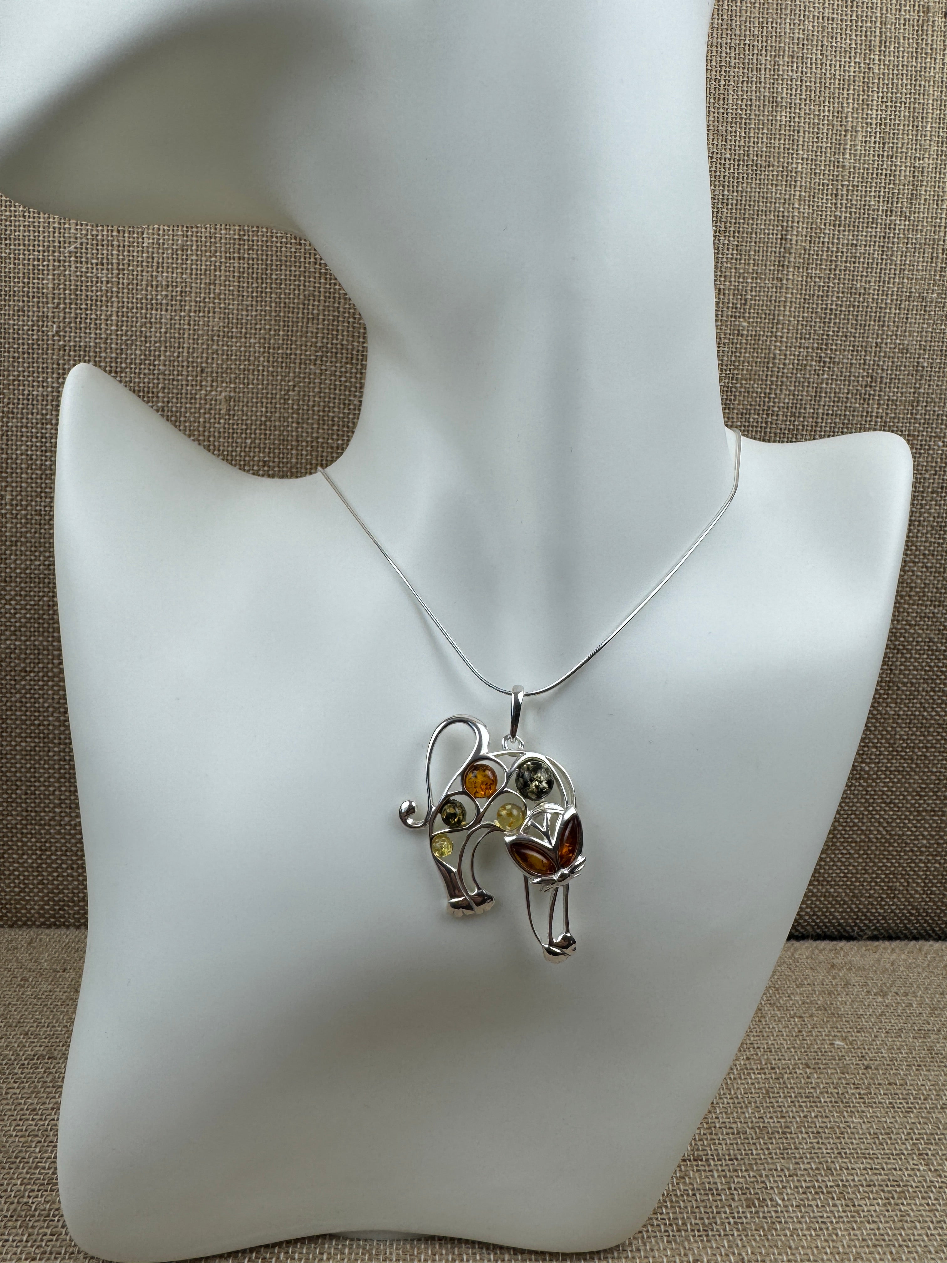 Handmade Sterling Silver Pouncing Cat Pendant with Multicolor Baltic Amber on Silver Chain – Fun Whimsical Cat Necklace – Made in Poland