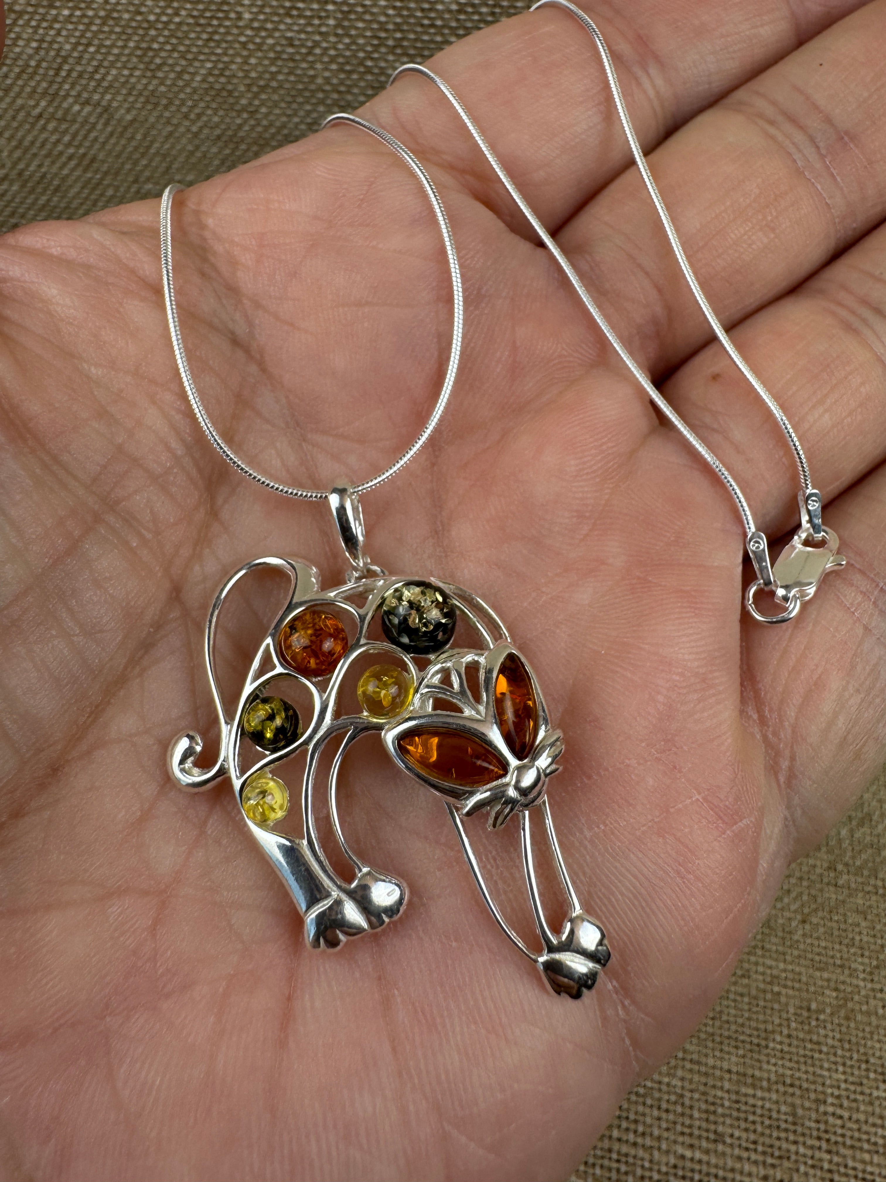 Handmade Sterling Silver Pouncing Cat Pendant with Multicolor Baltic Amber on Silver Chain – Fun Whimsical Cat Necklace – Made in Poland