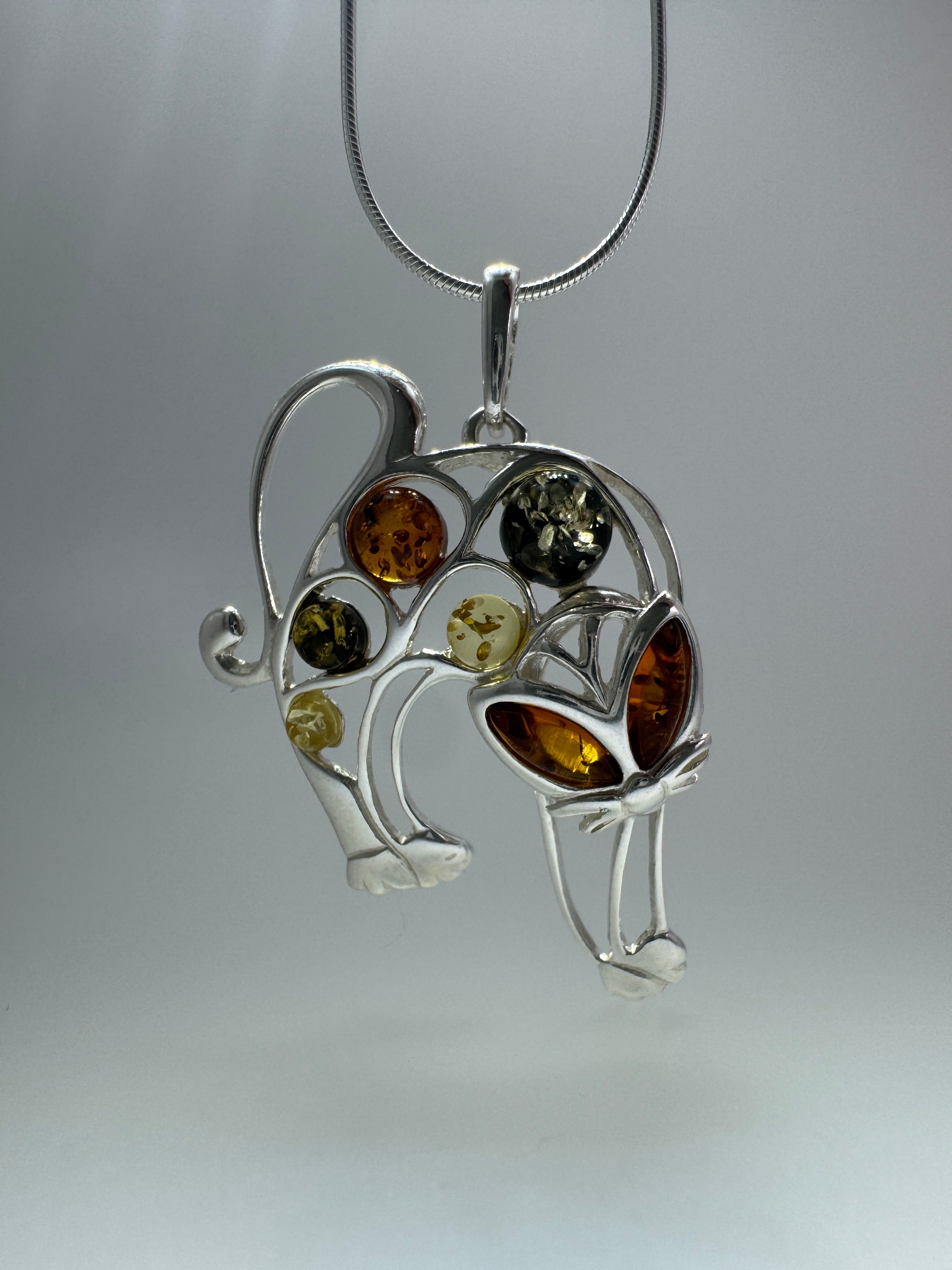 Handmade Sterling Silver Pouncing Cat Pendant with Multicolor Baltic Amber on Silver Chain – Fun Whimsical Cat Necklace – Made in Poland