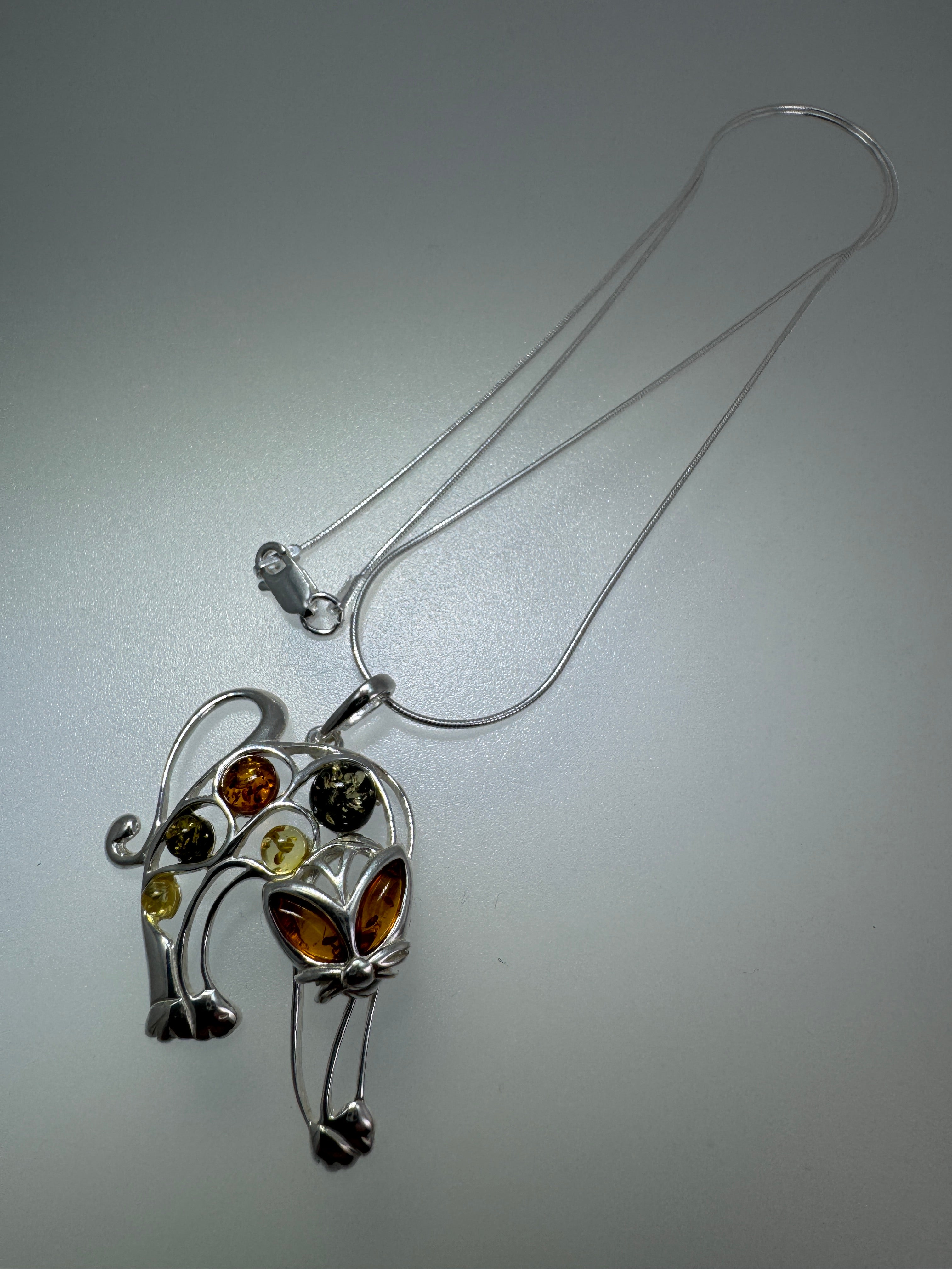 Handmade Sterling Silver Pouncing Cat Pendant with Multicolor Baltic Amber on Silver Chain – Fun Whimsical Cat Necklace – Made in Poland