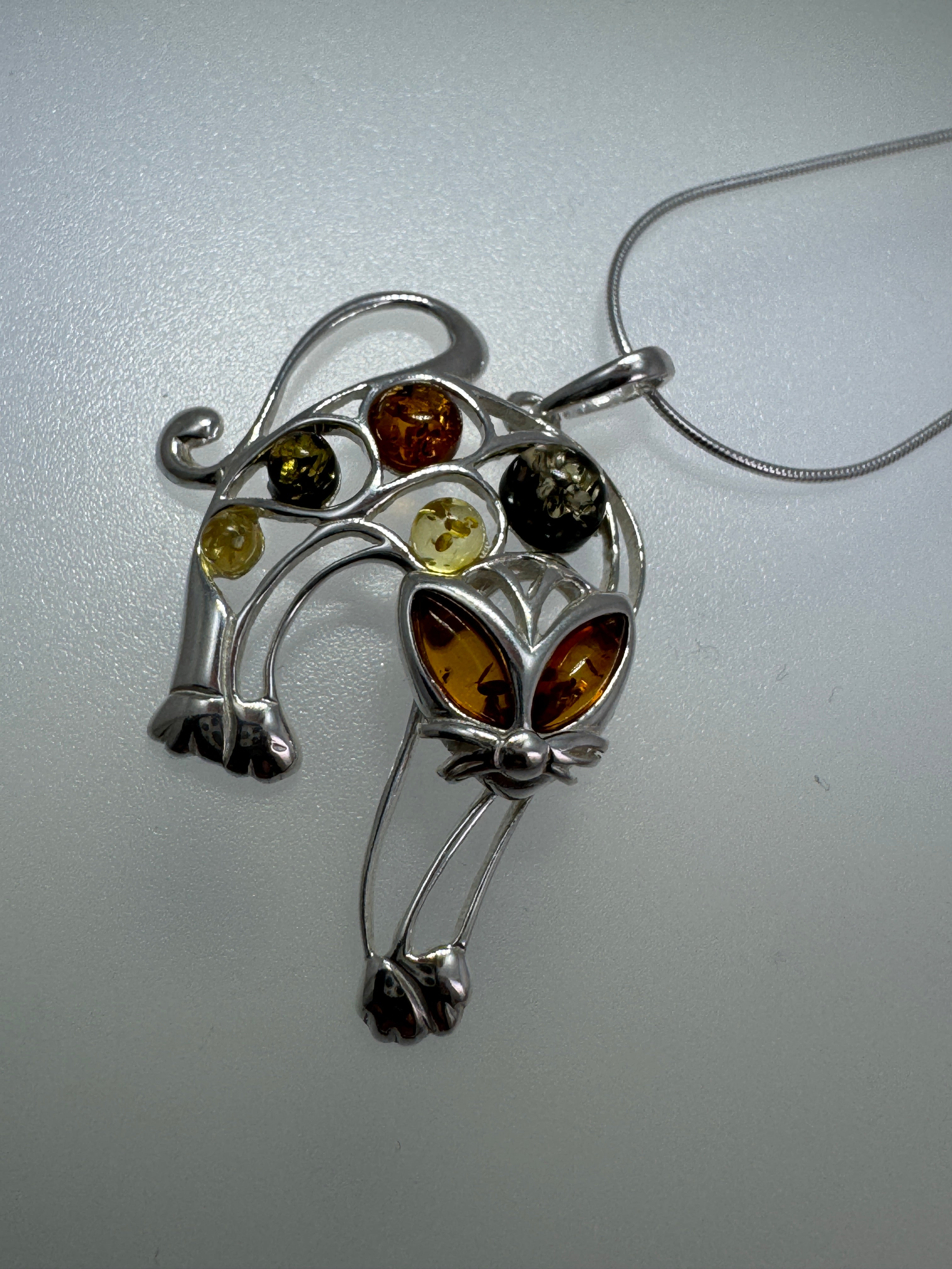 Handmade Sterling Silver Pouncing Cat Pendant with Multicolor Baltic Amber on Silver Chain – Fun Whimsical Cat Necklace – Made in Poland