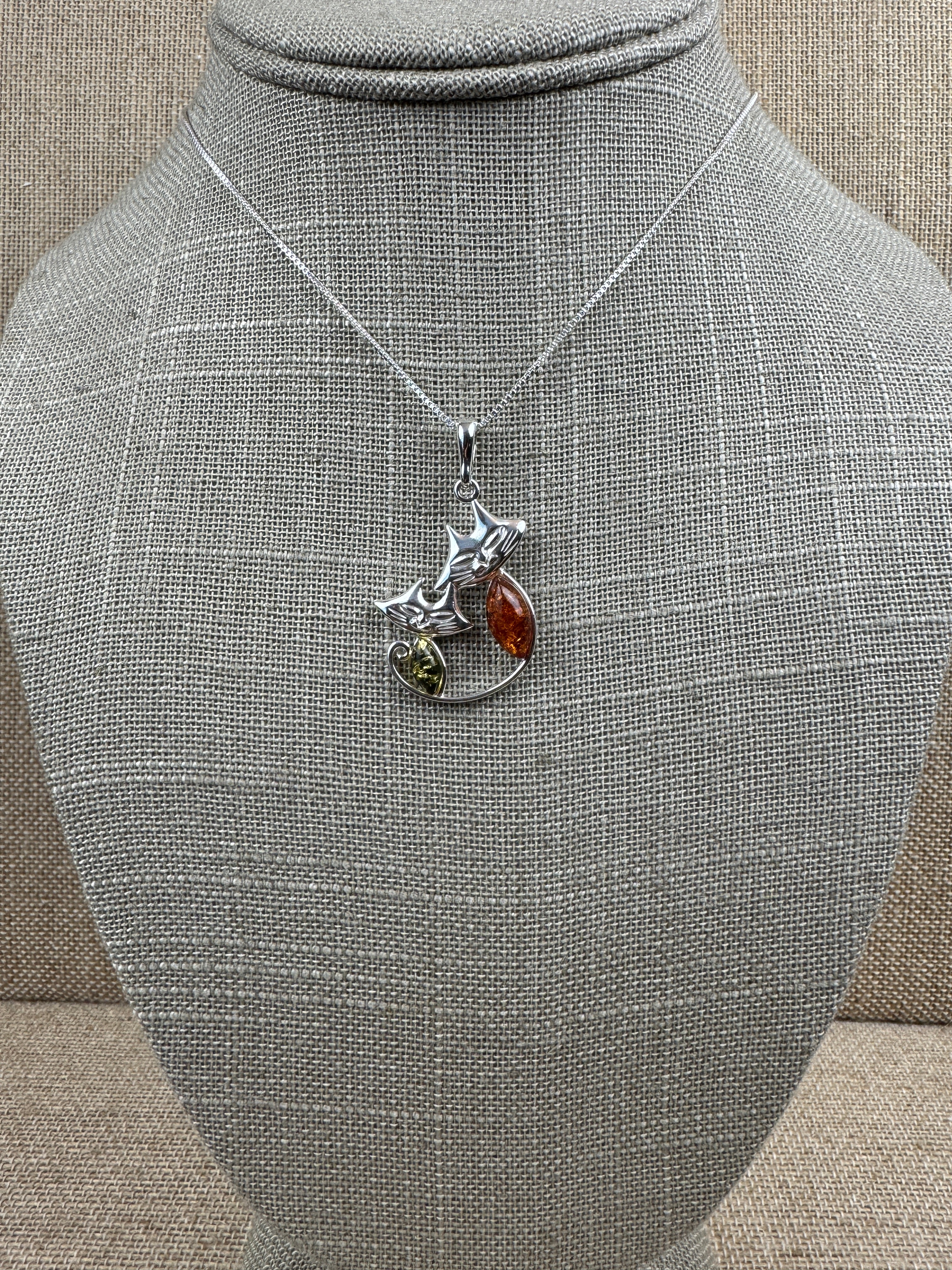Handmade Sterling Silver Two Cats Pendant with Honey & Green Baltic Amber | Whimsical Kitty Necklace | Made in Poland