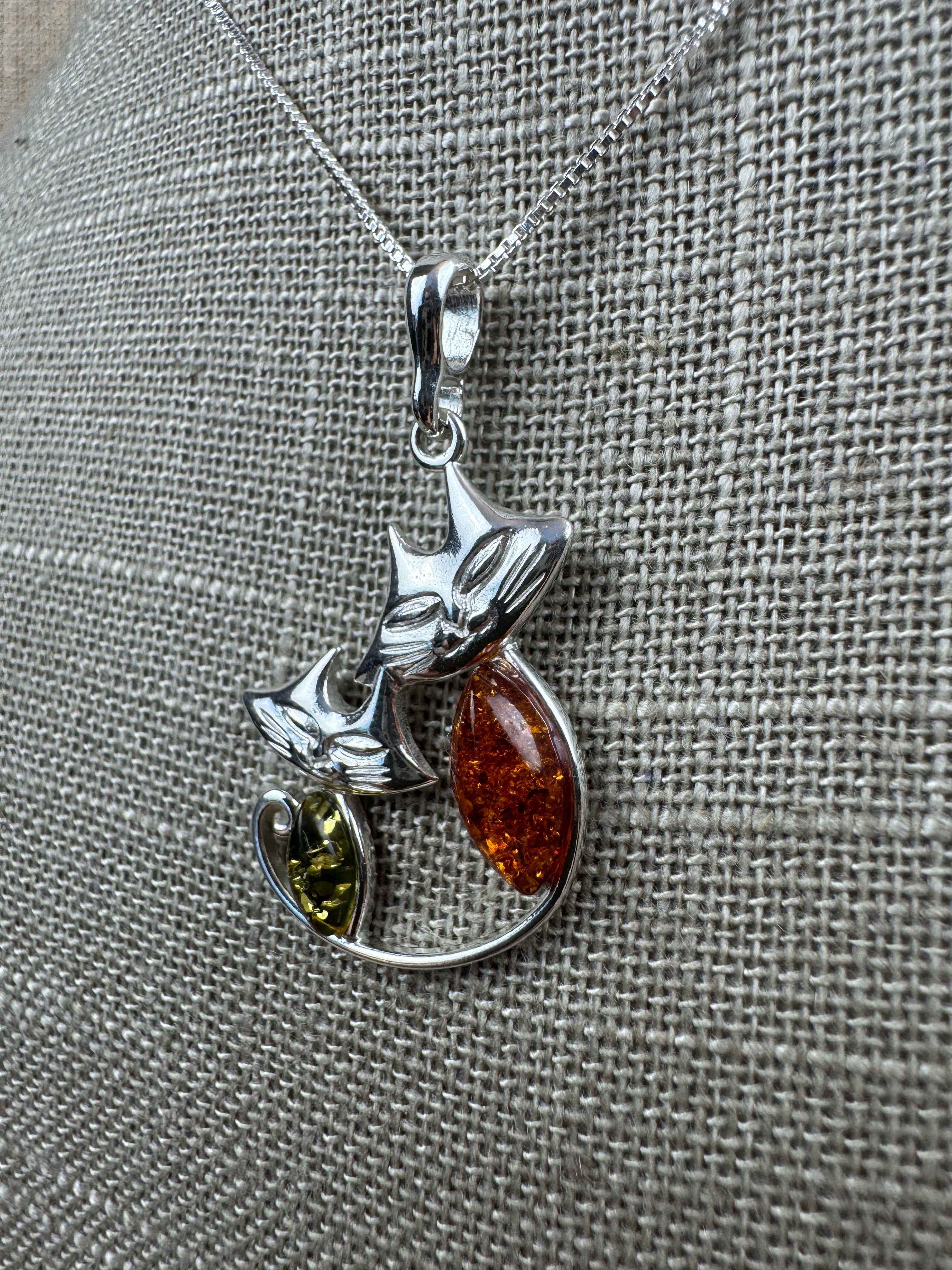 Handmade Sterling Silver Two Cats Pendant with Honey & Green Baltic Amber | Whimsical Kitty Necklace | Made in Poland