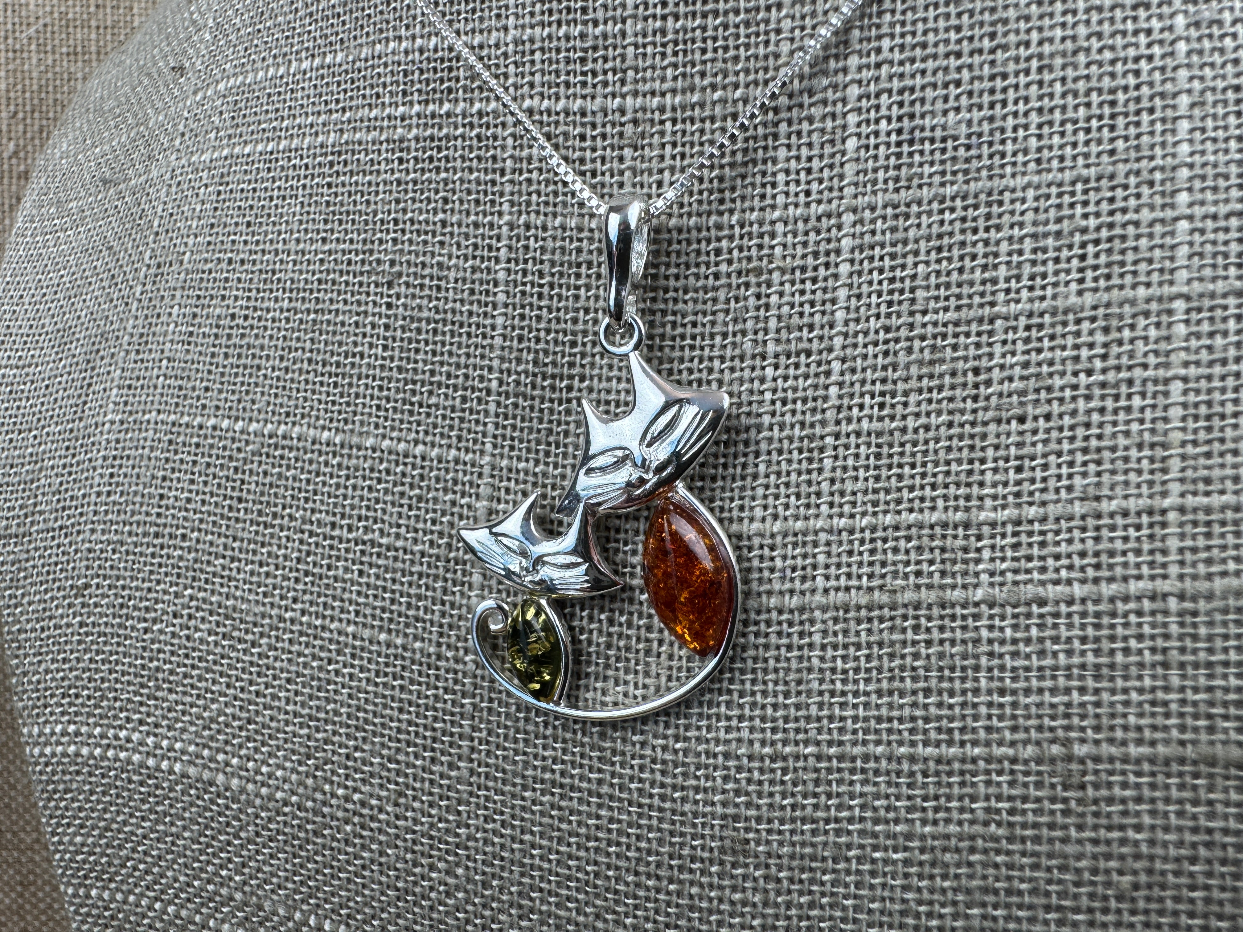 Handmade Sterling Silver Two Cats Pendant with Honey & Green Baltic Amber | Whimsical Kitty Necklace | Made in Poland