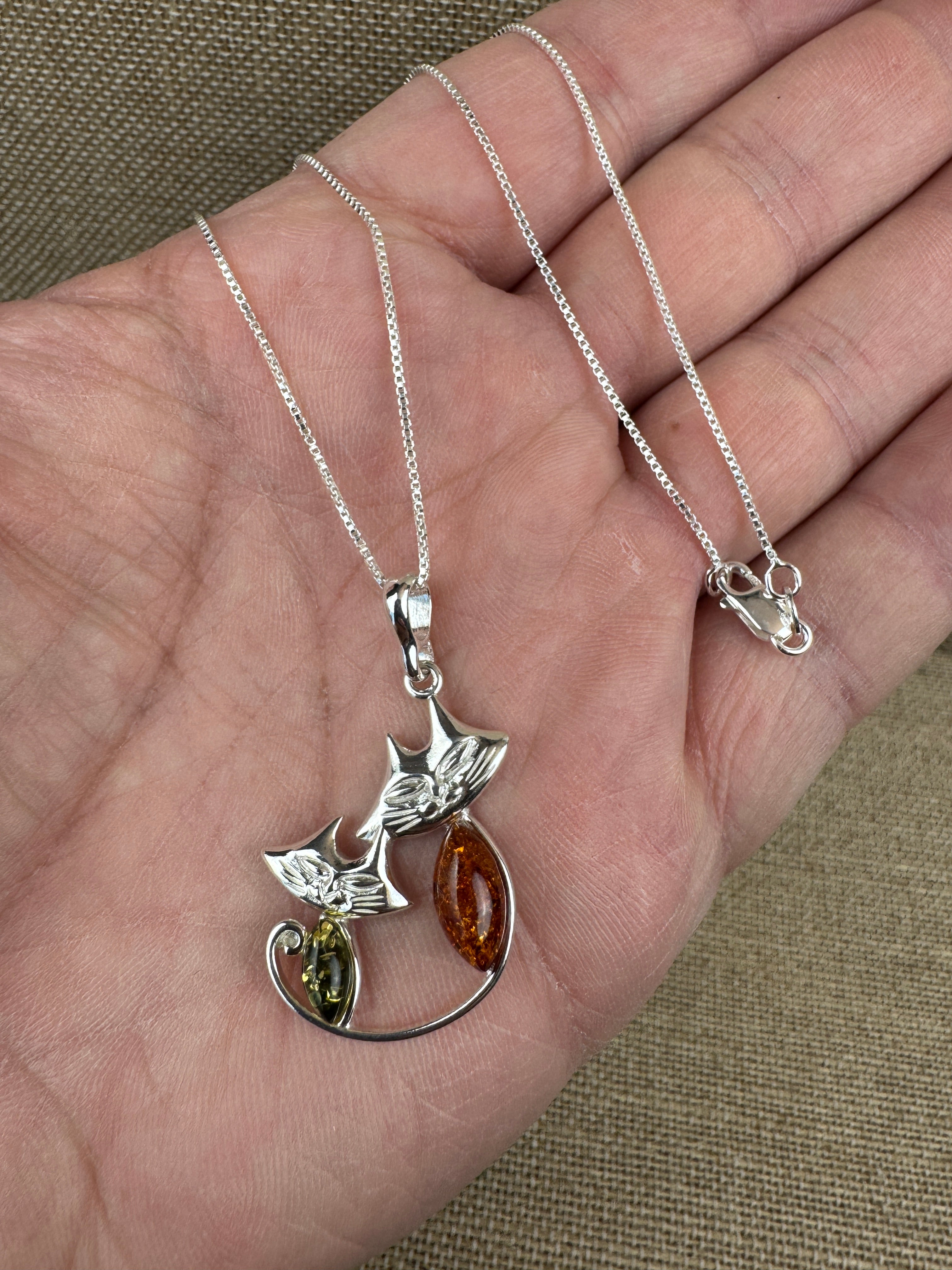 Handmade Sterling Silver Two Cats Pendant with Honey & Green Baltic Amber | Whimsical Kitty Necklace | Made in Poland