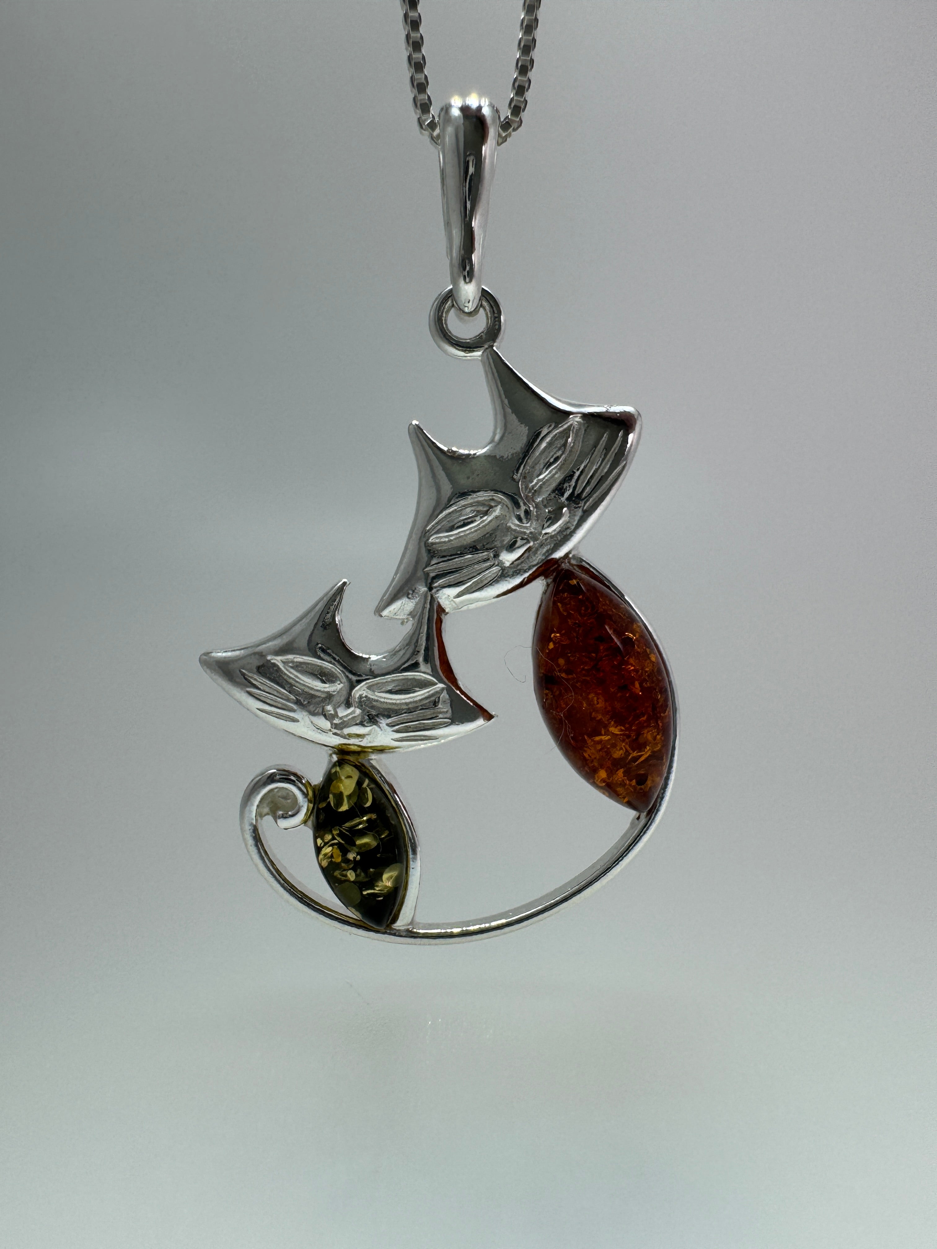 Handmade Sterling Silver Two Cats Pendant with Honey & Green Baltic Amber | Whimsical Kitty Necklace | Made in Poland