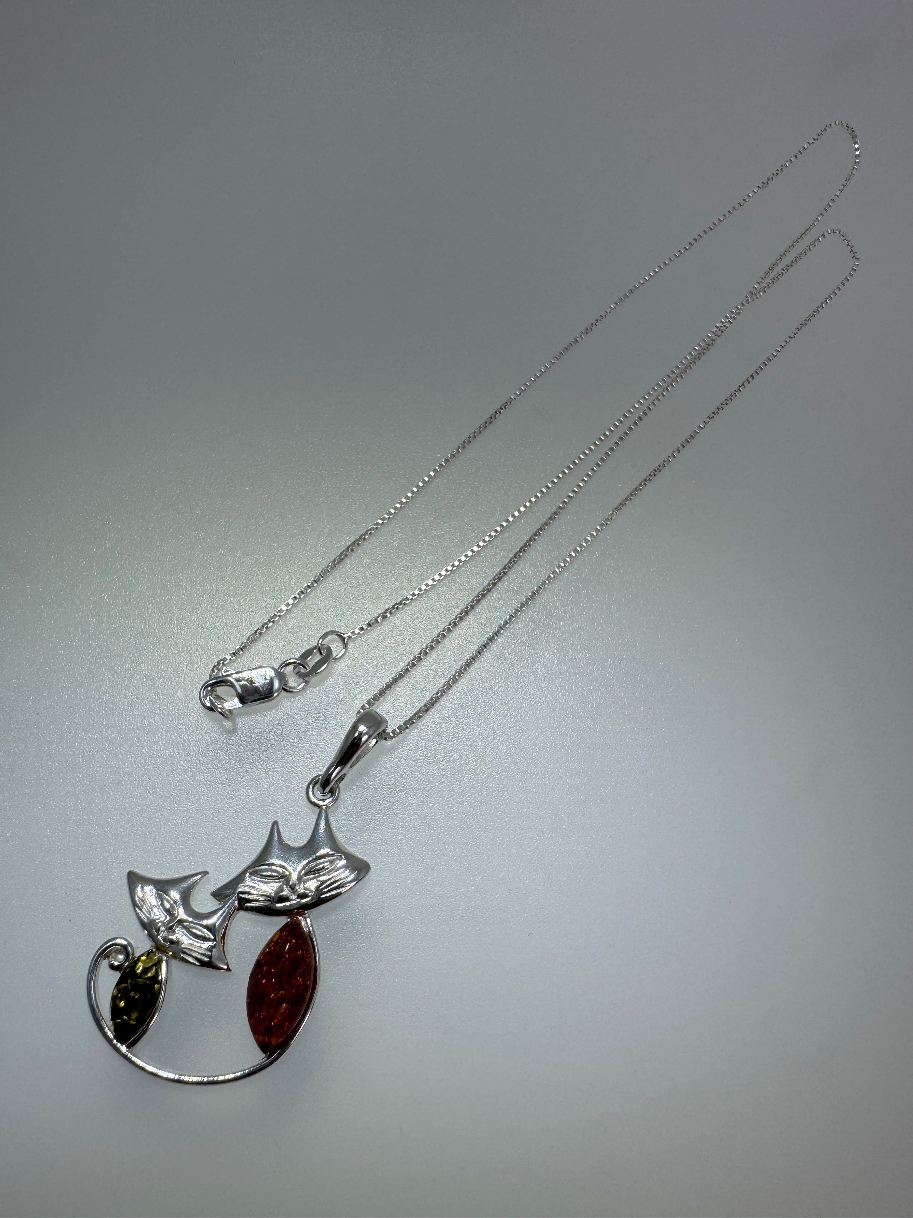Handmade Sterling Silver Two Cats Pendant with Honey & Green Baltic Amber | Whimsical Kitty Necklace | Made in Poland